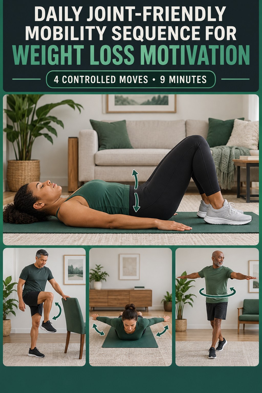 Adult demonstrating pelvic tilts in a daily joint-friendly mobility sequence for weight loss motivation infographic.
