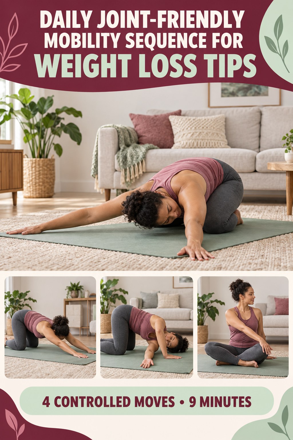Adult demonstrating child’s-pose side reaches in a daily joint-friendly mobility sequence for weight loss tips infographic.