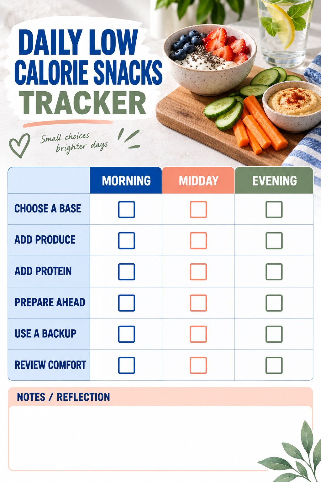 Daily Low Calorie Snacks printable-style tracker graphic with six labeled rows, empty checkboxes, and a reflection area.