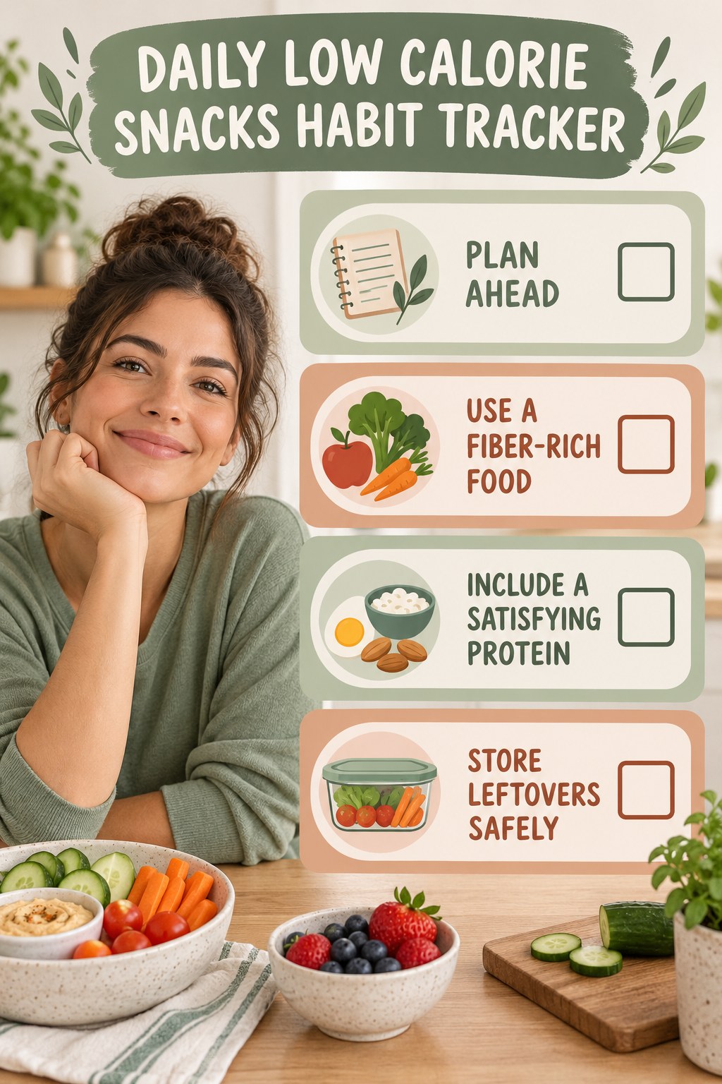 Daily Low Calorie Snacks Habit Tracker infographic with checkboxes for plan ahead, use a fiber-rich food, include a satisfying protein, store leftovers safely.