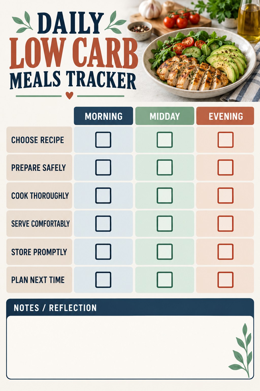 Daily Low Carb Meals printable-style tracker graphic with six labeled rows, empty checkboxes, and a reflection area.