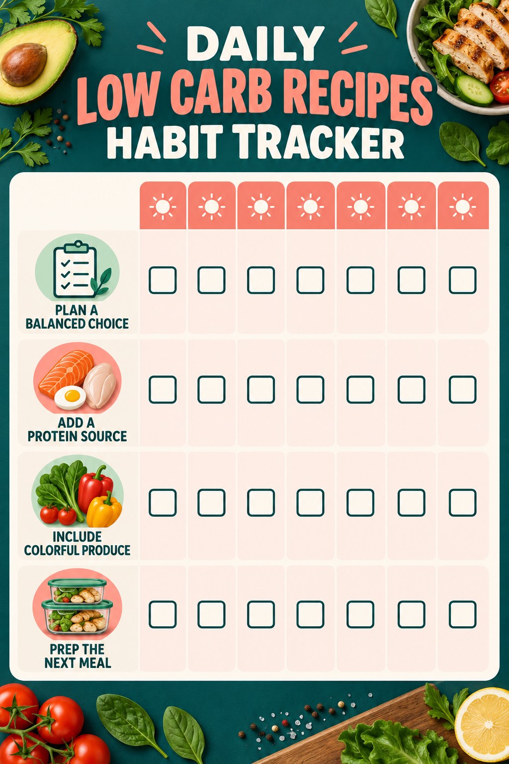 Daily Low Carb Recipes Habit Tracker infographic with checkboxes for plan a balanced choice, add a protein source, include colorful produce, prep the next meal.