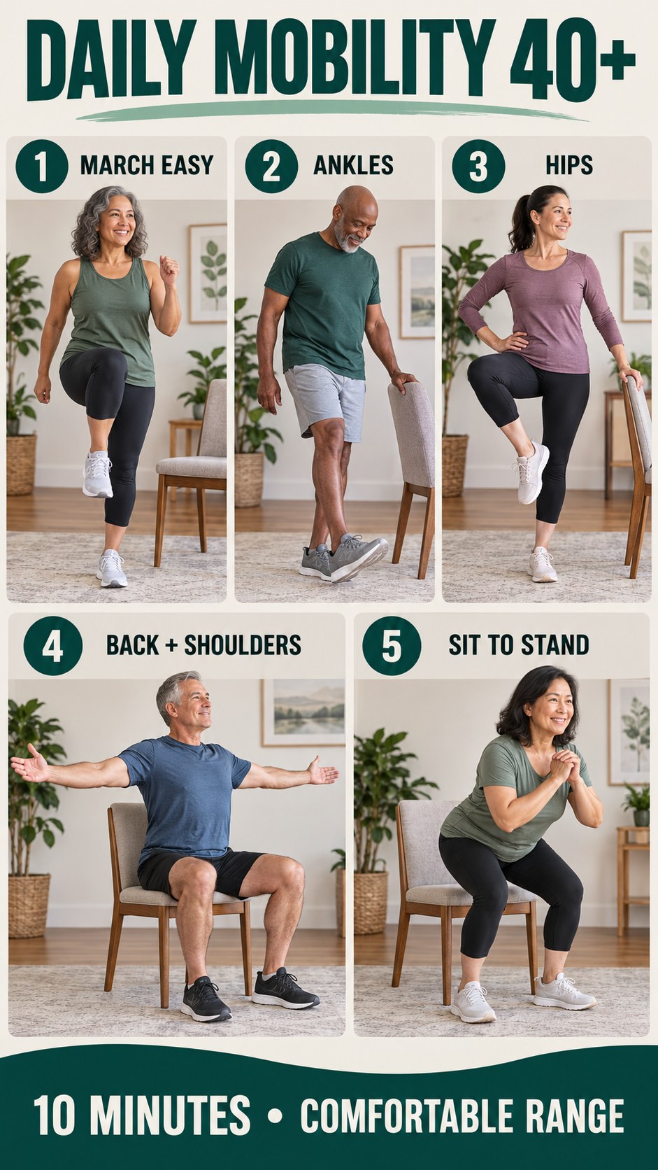 Vertical infographic showing a supported ten-minute daily mobility routine for adults over 40