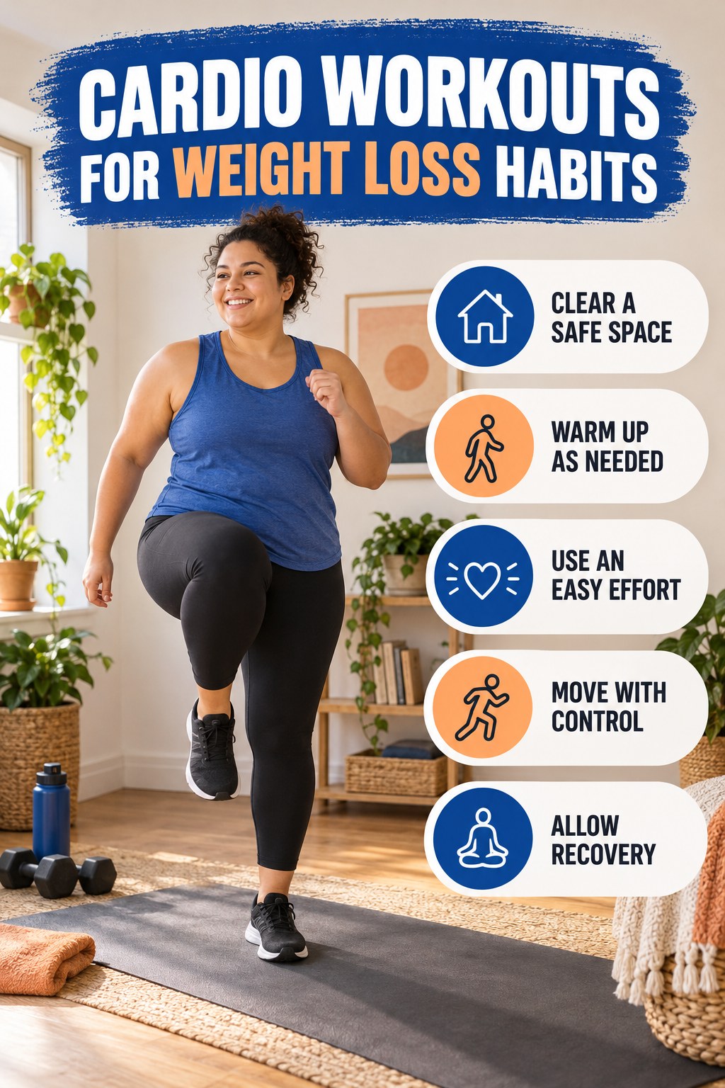 Daily Movement Habits for Cardio Workouts for Weight Loss with five readable habit cues and a realistic board-relevant wellness scene.