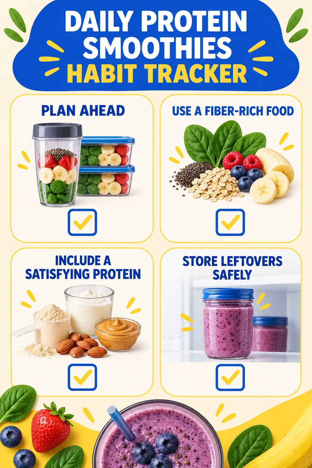 Daily Protein Smoothies Habit Tracker infographic with checkboxes for plan ahead, use a fiber-rich food, include a satisfying protein, store leftovers safely.