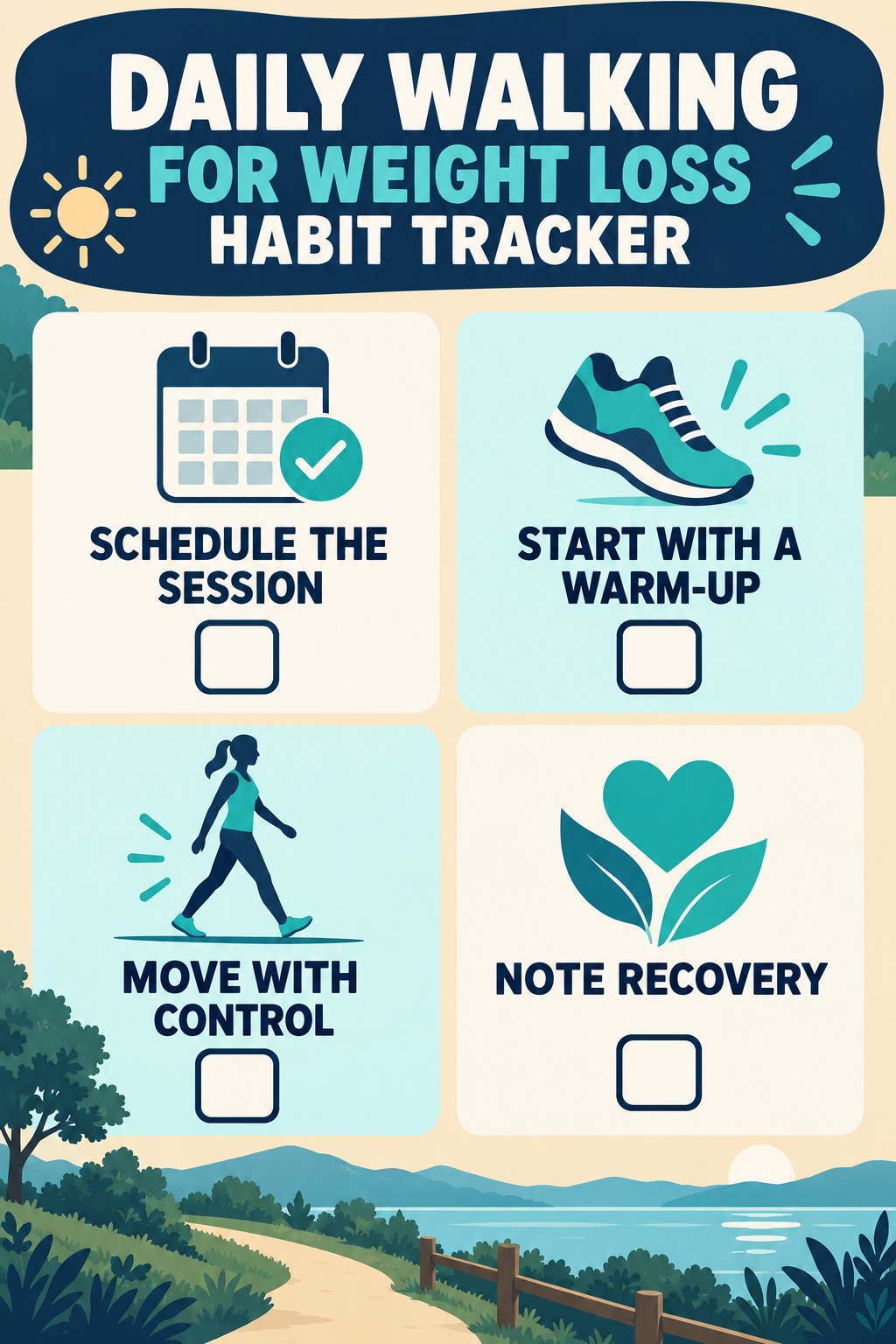 Daily Walking for Weight Loss Habit Tracker infographic with checkboxes for schedule the session, start with a warm-up, move with control, note recovery.