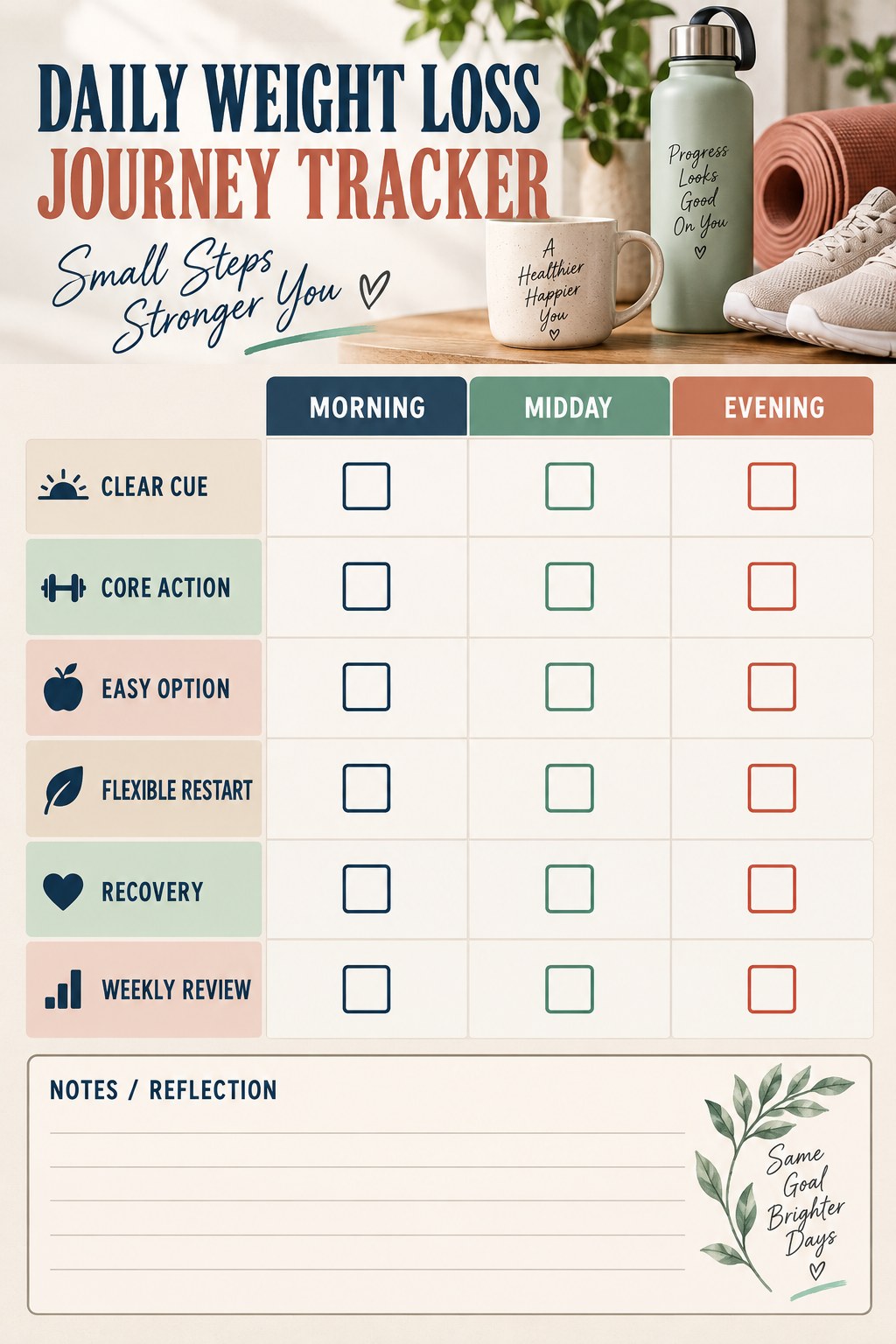 Daily Weight Loss Journey printable-style tracker graphic with six labeled rows, empty checkboxes, and a reflection area.