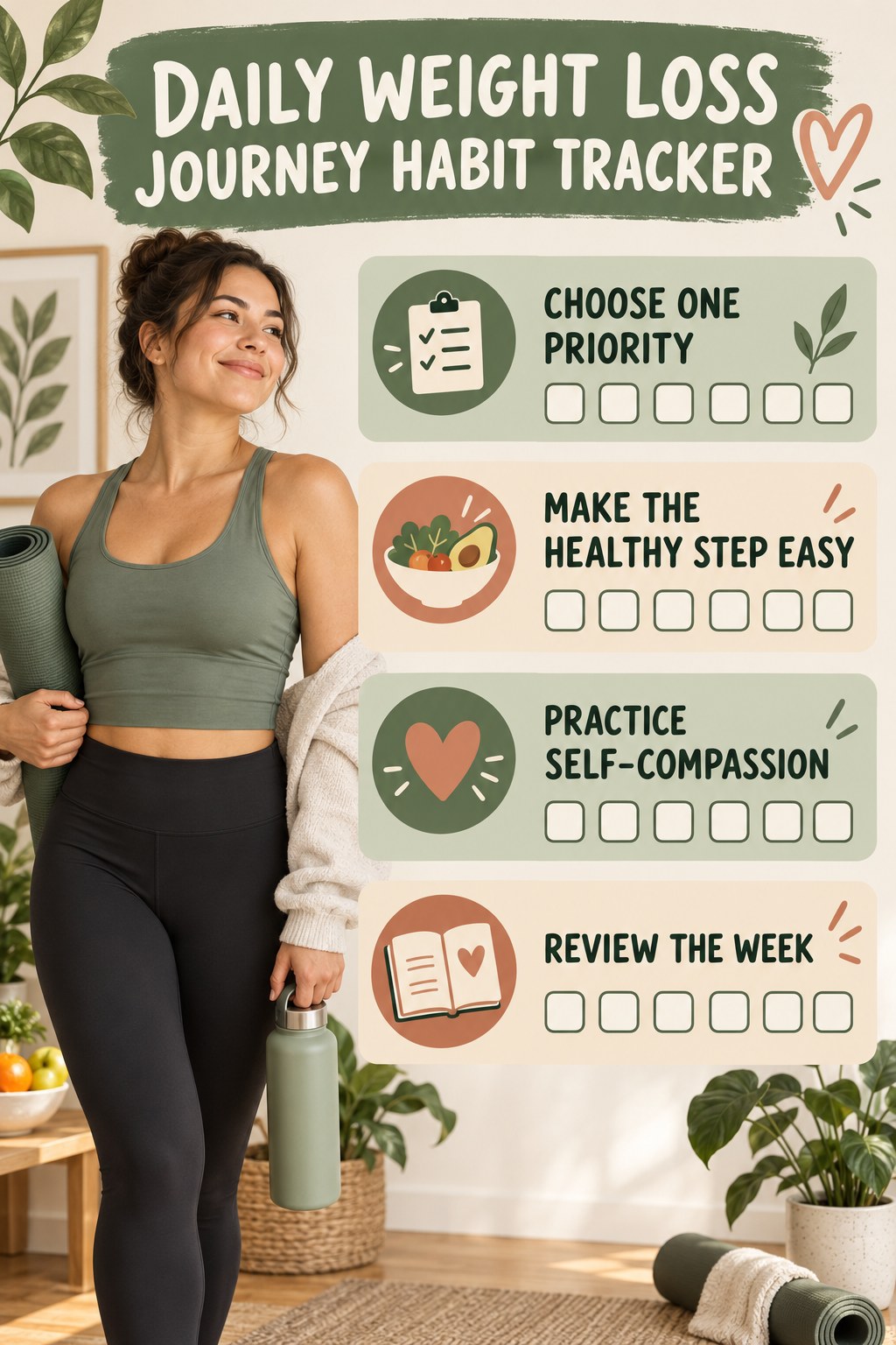 Daily Weight Loss Journey Habit Tracker infographic with checkboxes for choose one priority, make the healthy step easy, practice self-compassion, review the week.