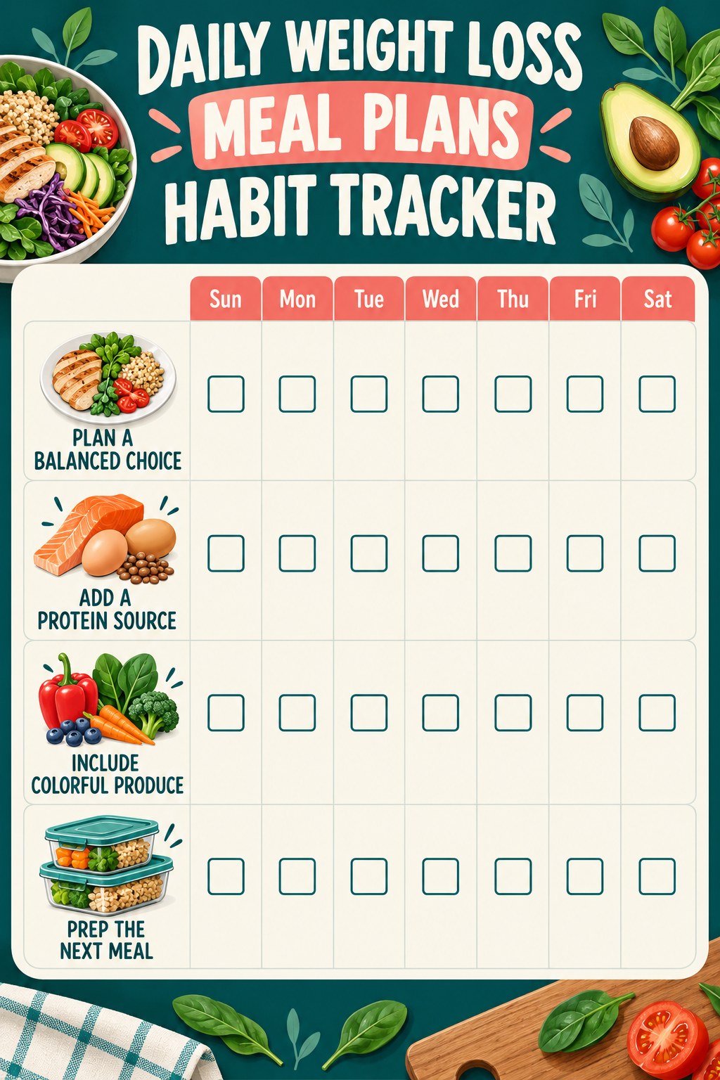 Daily Weight Loss Meal Plans Habit Tracker infographic with checkboxes for plan a balanced choice, add a protein source, include colorful produce, prep the next meal.
