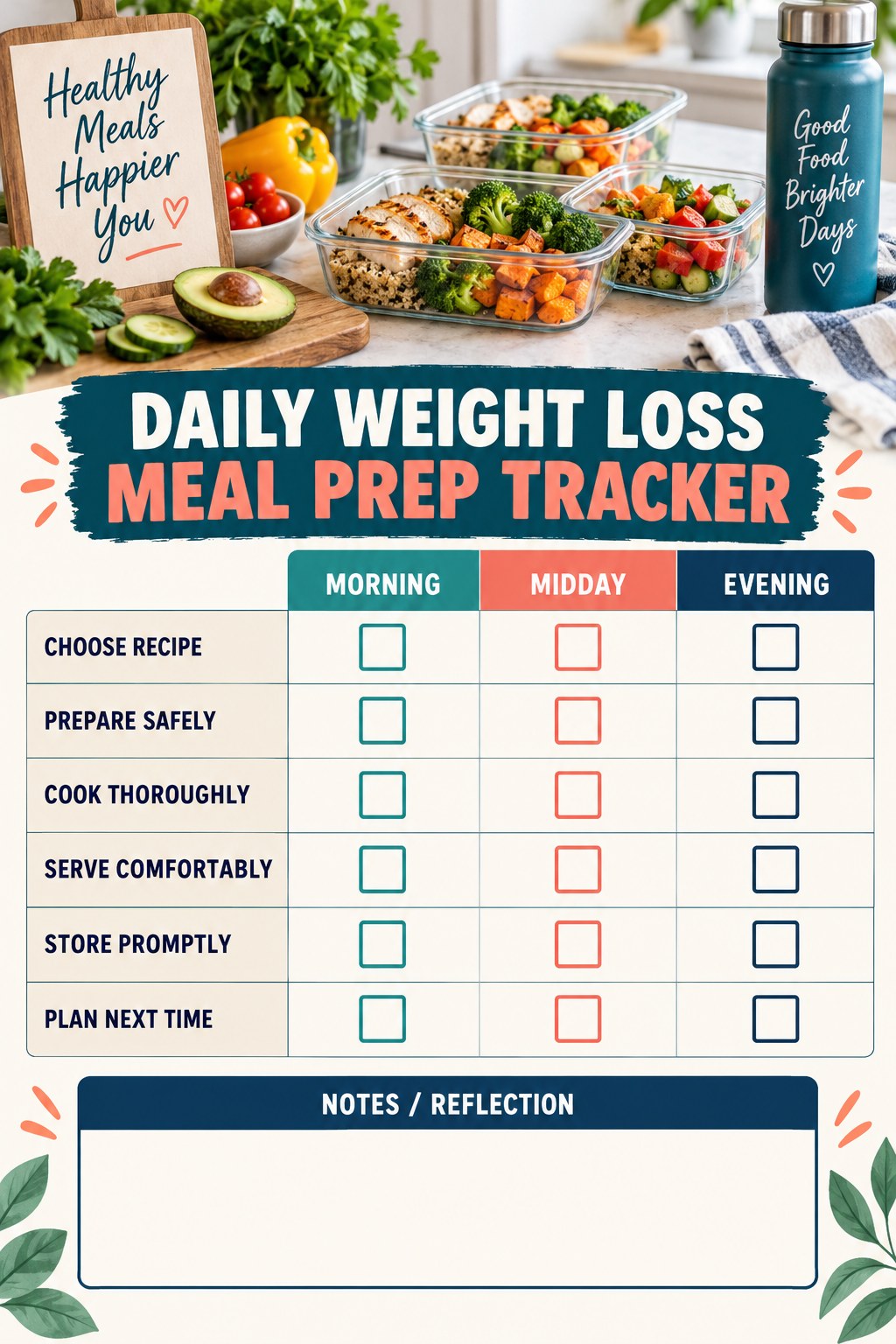 Daily Weight Loss Meal Prep printable-style tracker graphic with six labeled rows, empty checkboxes, and a reflection area.