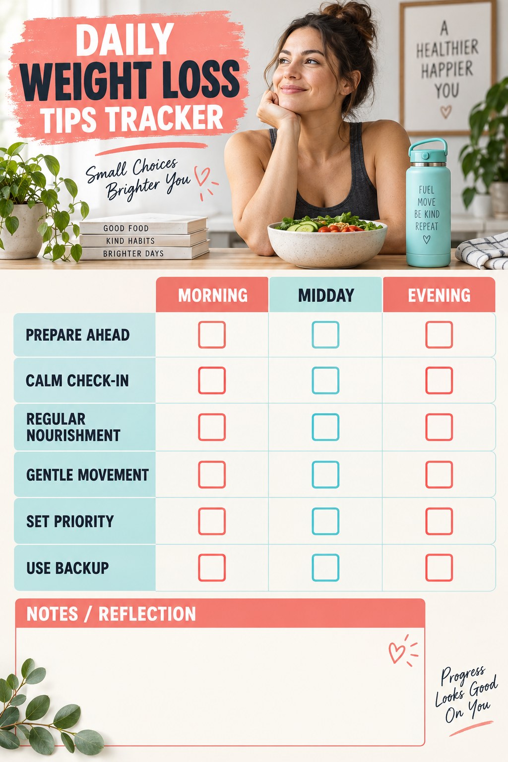 Daily Weight Loss Tips printable-style tracker graphic with six labeled rows, empty checkboxes, and a reflection area.