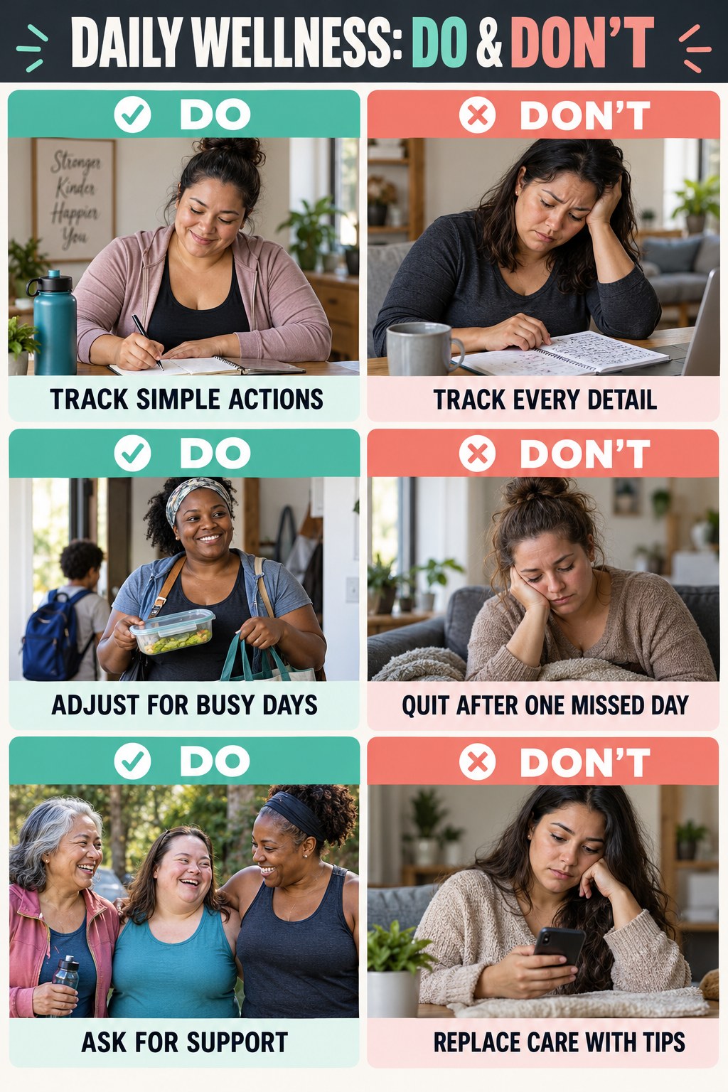 Weight Loss for Women Do and Don’t comparison graphic showing three practical behavior pairs for daily wellness.