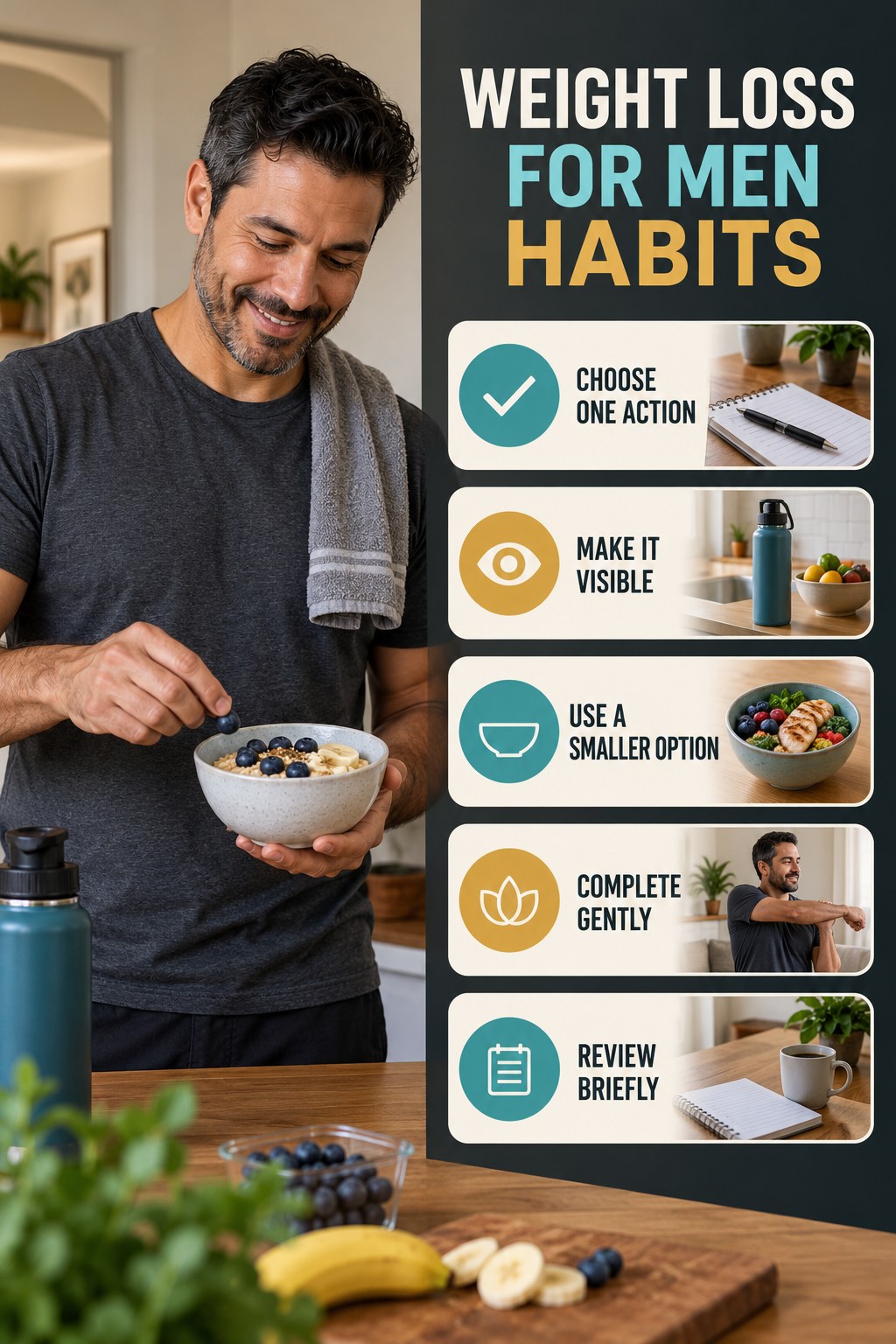 Daily Wellness Habits for Weight Loss for Men with five readable habit cues and a realistic board-relevant wellness scene.