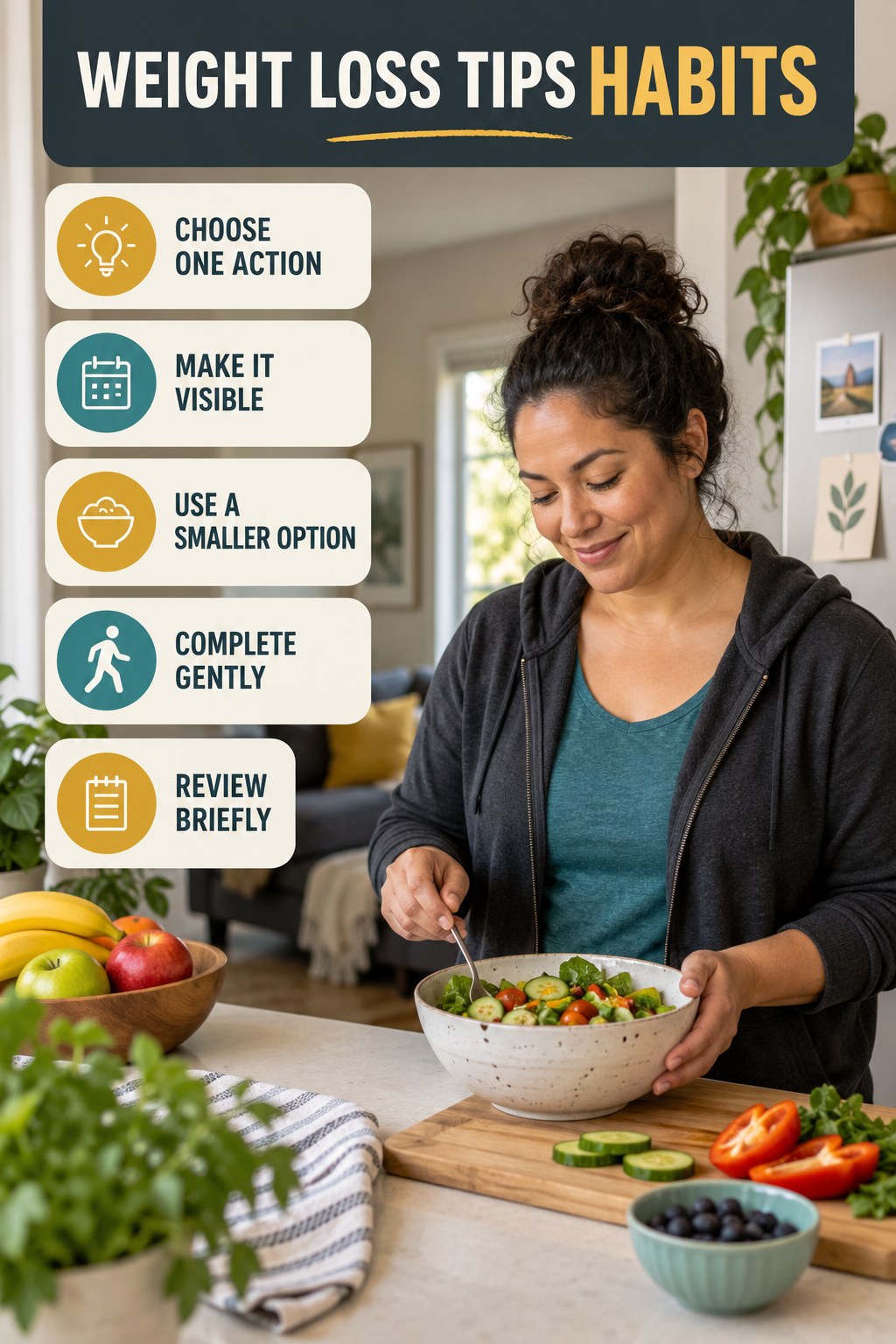 Daily Wellness Habits for Weight Loss Tips with five readable habit cues and a realistic board-relevant wellness scene.