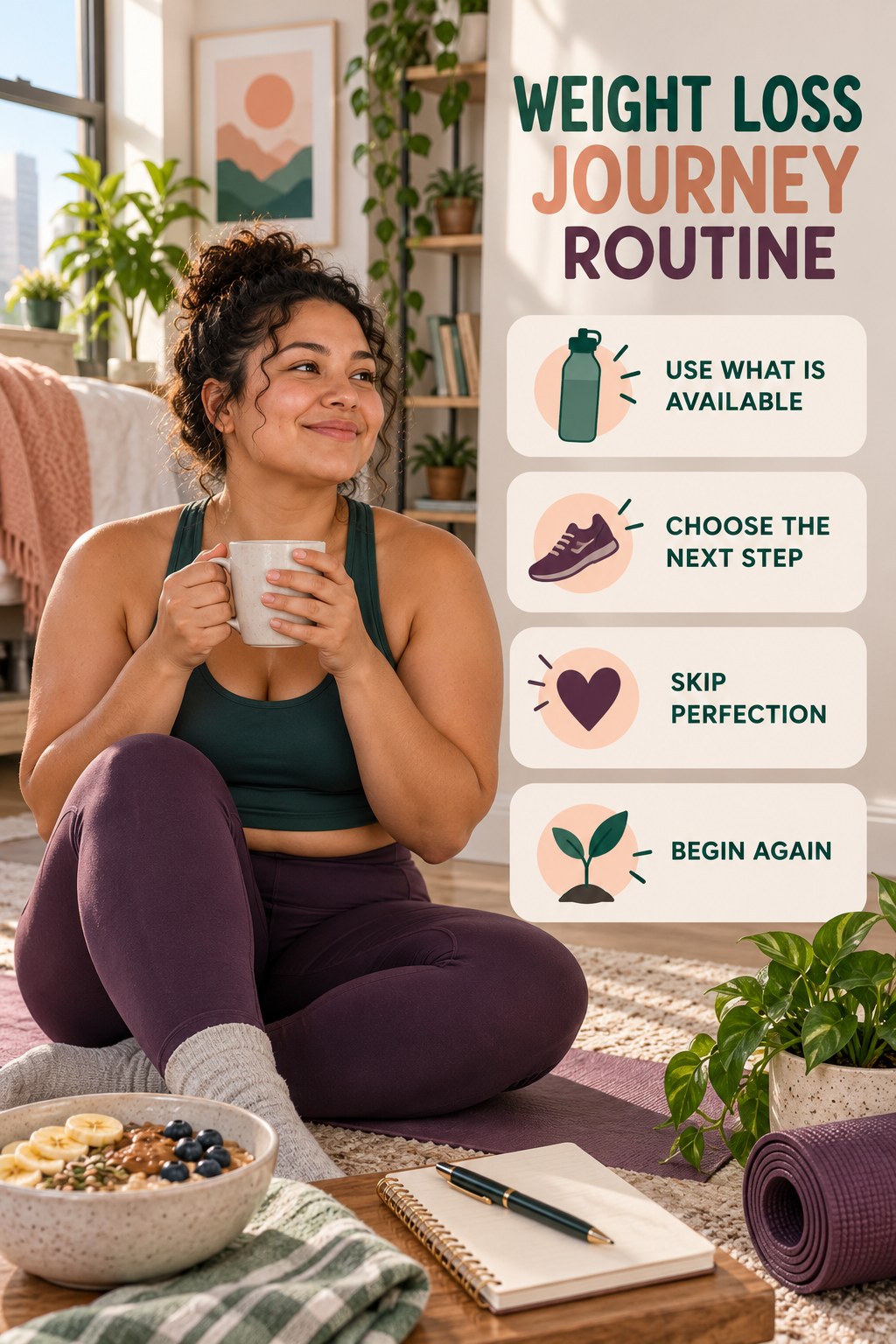 Daily Wellness Reset for Weight Loss Journey with four readable routine cues and a realistic board-relevant wellness scene.