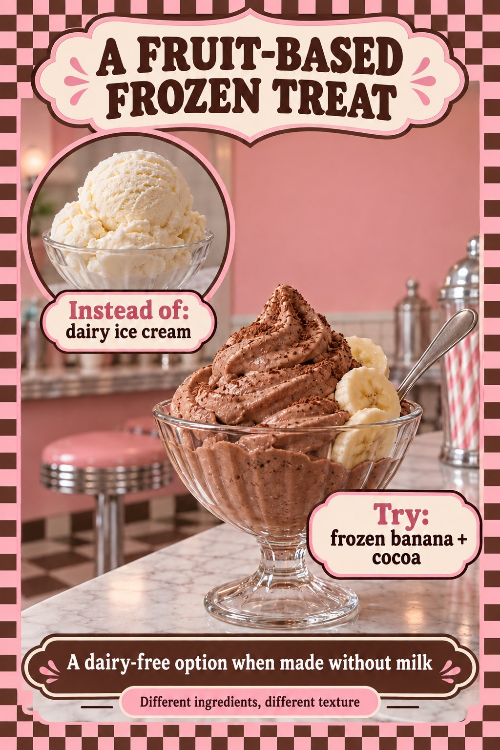 Dairy ice cream compared with cocoa frozen-banana soft serve in a pink parlor-style dessert swap graphic.