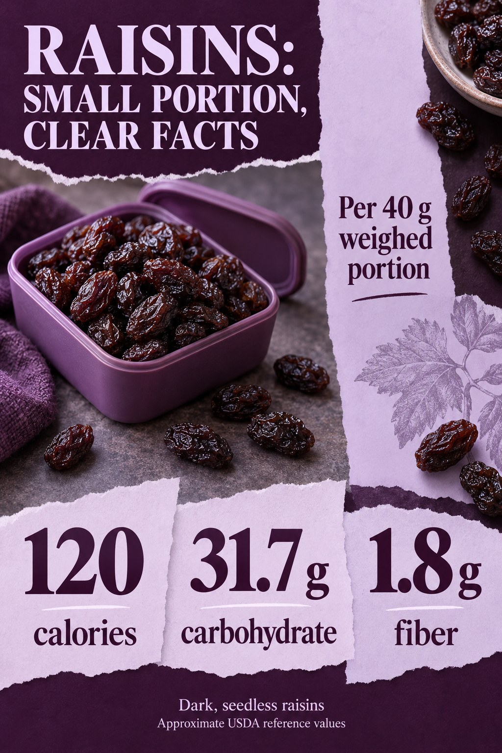 Dark seedless raisin nutrition card displaying 120 calories, 31.7 g carbohydrate, and 1.8 g fiber per weighed 40 g portion.