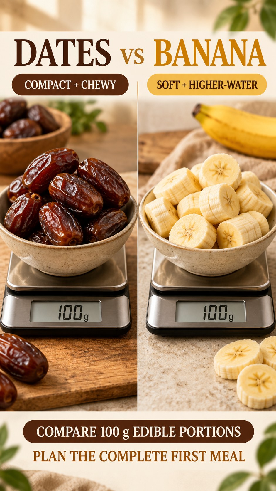 Pitted dates and peeled banana in equal 100 g edible portions, compared for visual size, texture, and first-meal use.