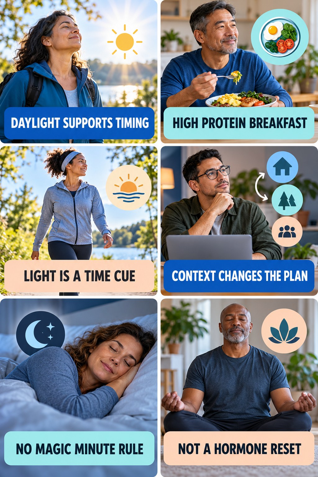 Daylight Can Support Circadian Timing natural-energy and hormone-health-literacy infographic for High Protein Breakfast with four practical checks.