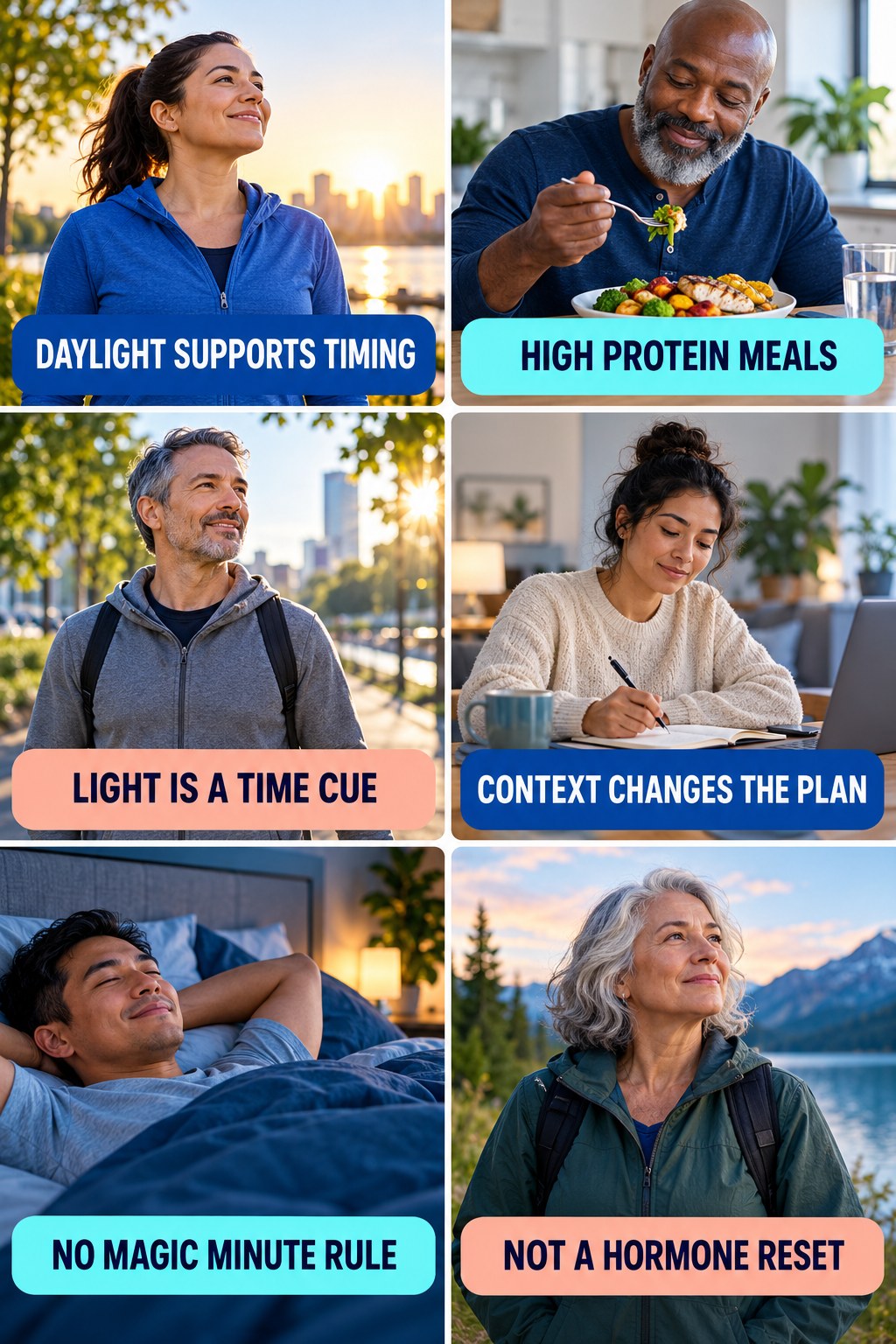 Daylight Can Support Circadian Timing natural-energy and hormone-health-literacy infographic for High Protein Meals with four practical checks.