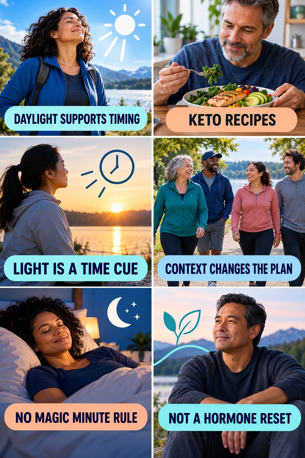 Daylight Can Support Circadian Timing natural-energy and hormone-health-literacy infographic for Keto Recipes with four practical checks.