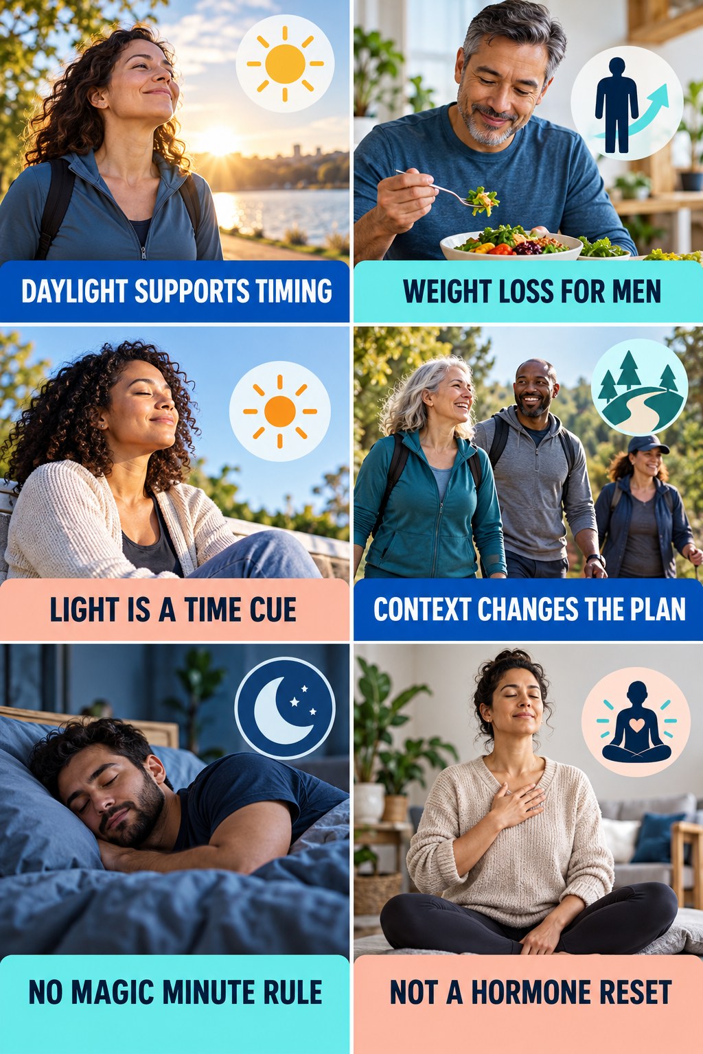 Daylight Can Support Circadian Timing natural-energy and hormone-health-literacy infographic for Weight Loss for Men with four practical checks.