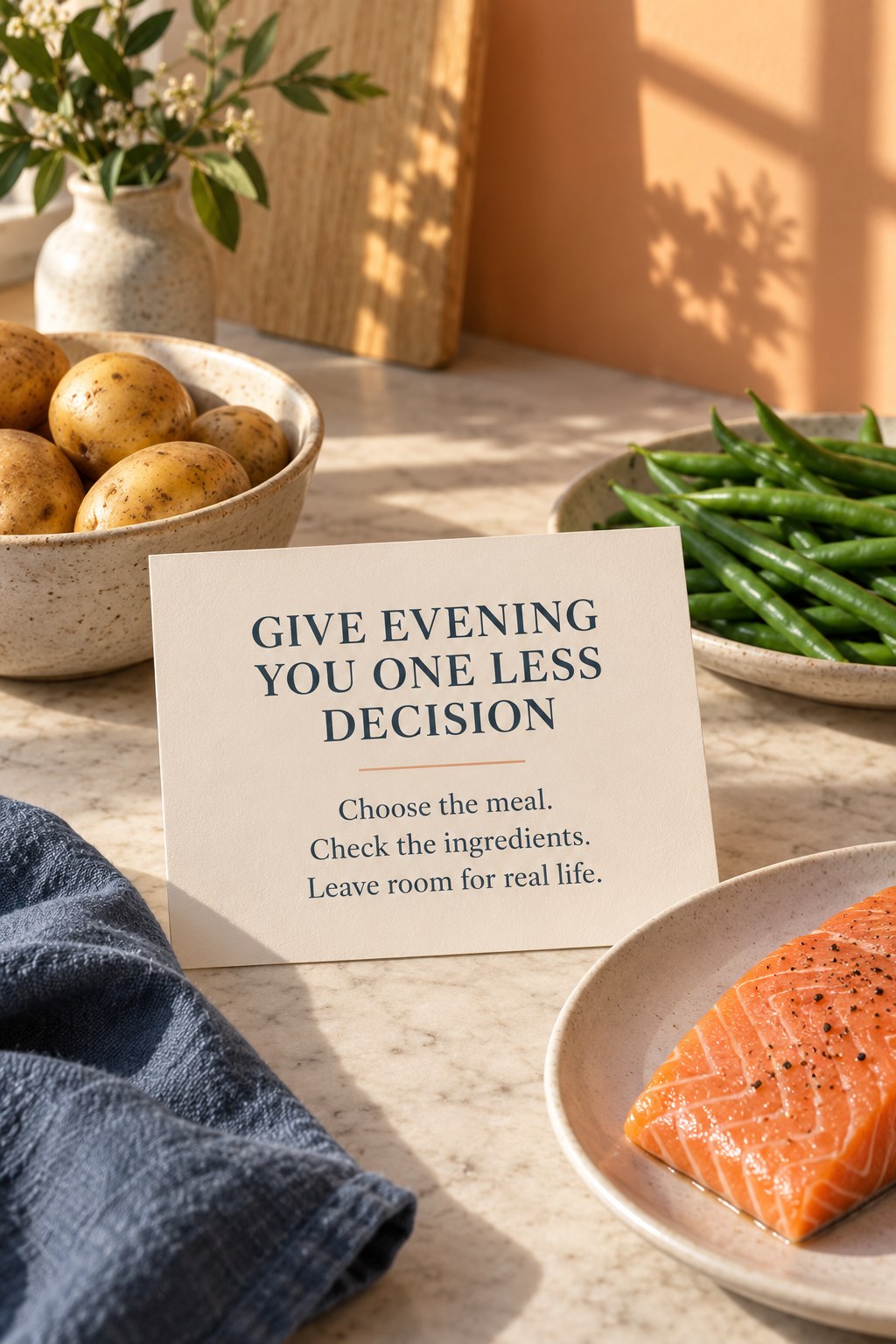 Handwritten-style dinner planning card with ingredients on a sunlit kitchen counter and a supportive evening message.
