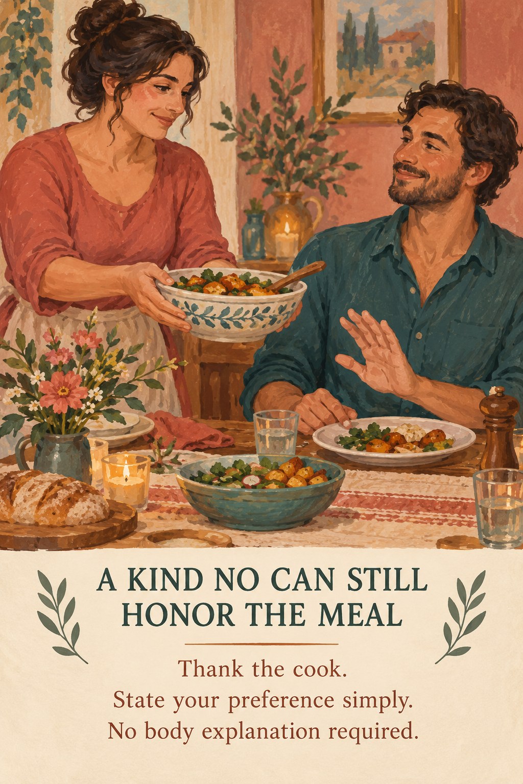 Shared dinner table with a serving dish and a friendly conversation beside a message about kindly declining an extra serving.