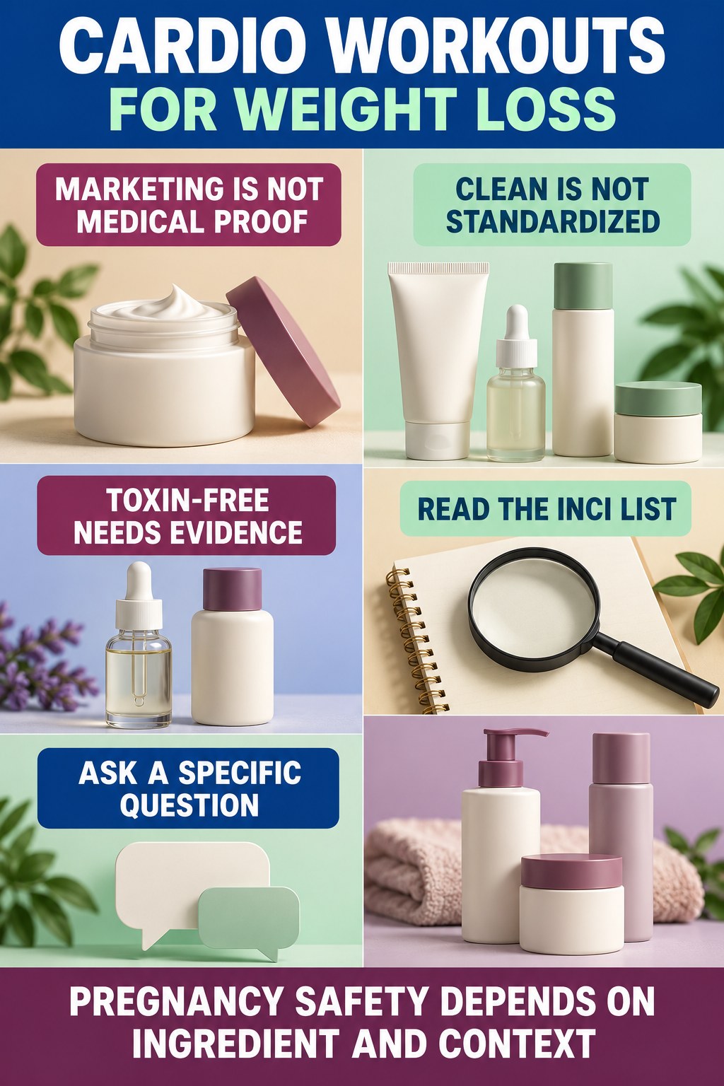 Decode Clean-Beauty Marketing Claims pregnancy skincare ingredient-question infographic for Cardio Workouts for Weight Loss with four careful label-review points.