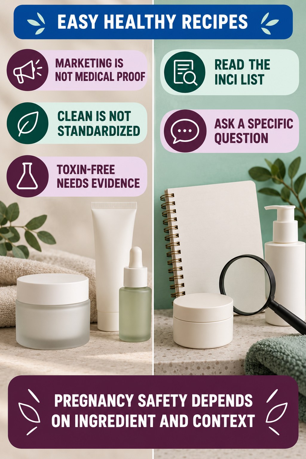 Decode Clean-Beauty Marketing Claims pregnancy skincare ingredient-question infographic for Easy Healthy Recipes with four careful label-review points.