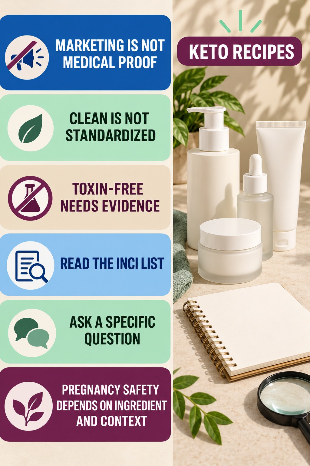 Decode Clean-Beauty Marketing Claims pregnancy skincare ingredient-question infographic for Keto Recipes with four careful label-review points.