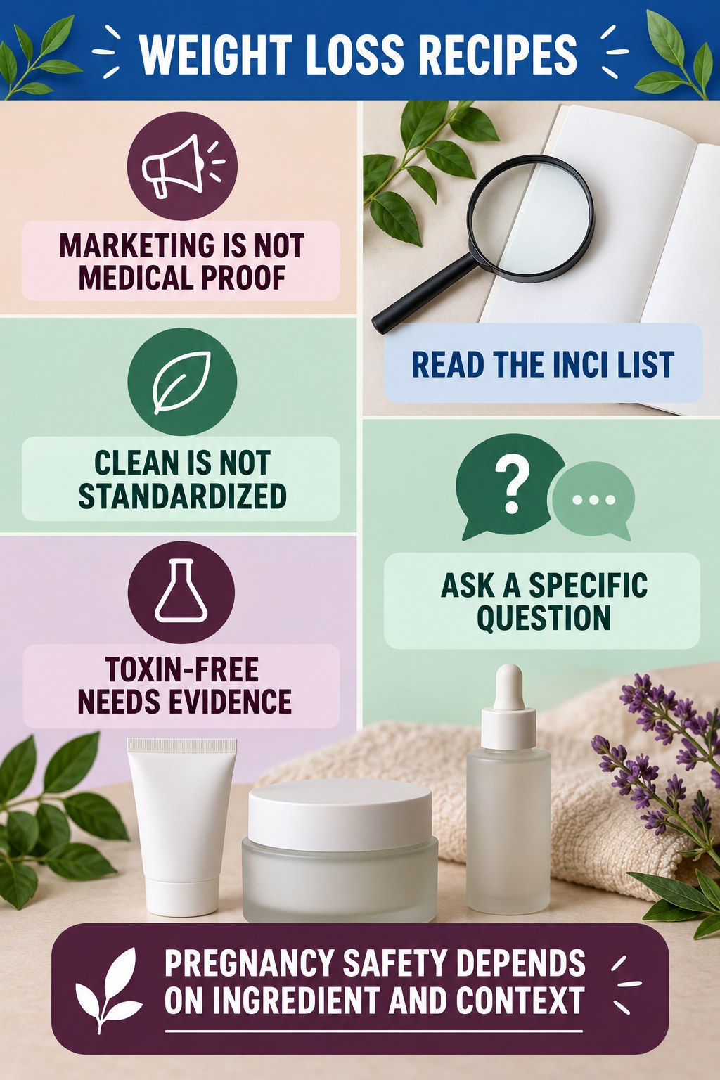 Decode Clean-Beauty Marketing Claims pregnancy skincare ingredient-question infographic for Weight Loss Recipes with four careful label-review points.