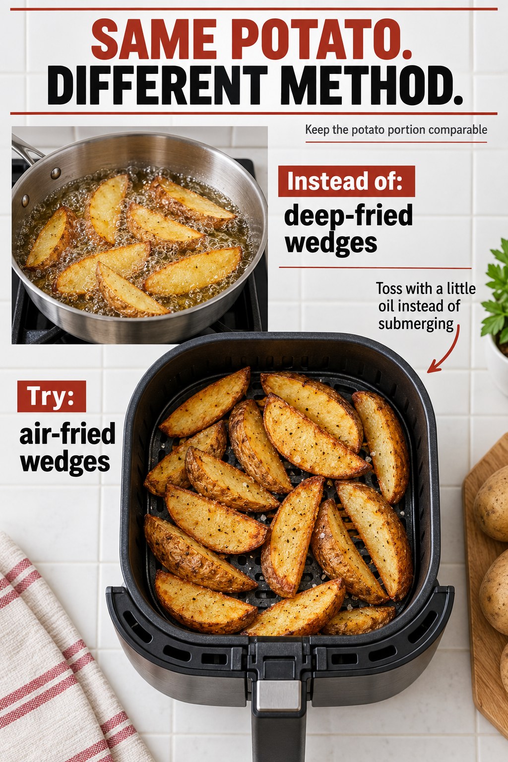 Potato wedges in frying oil compared with golden wedges in an air-fryer basket, labeled with the different cooking methods.