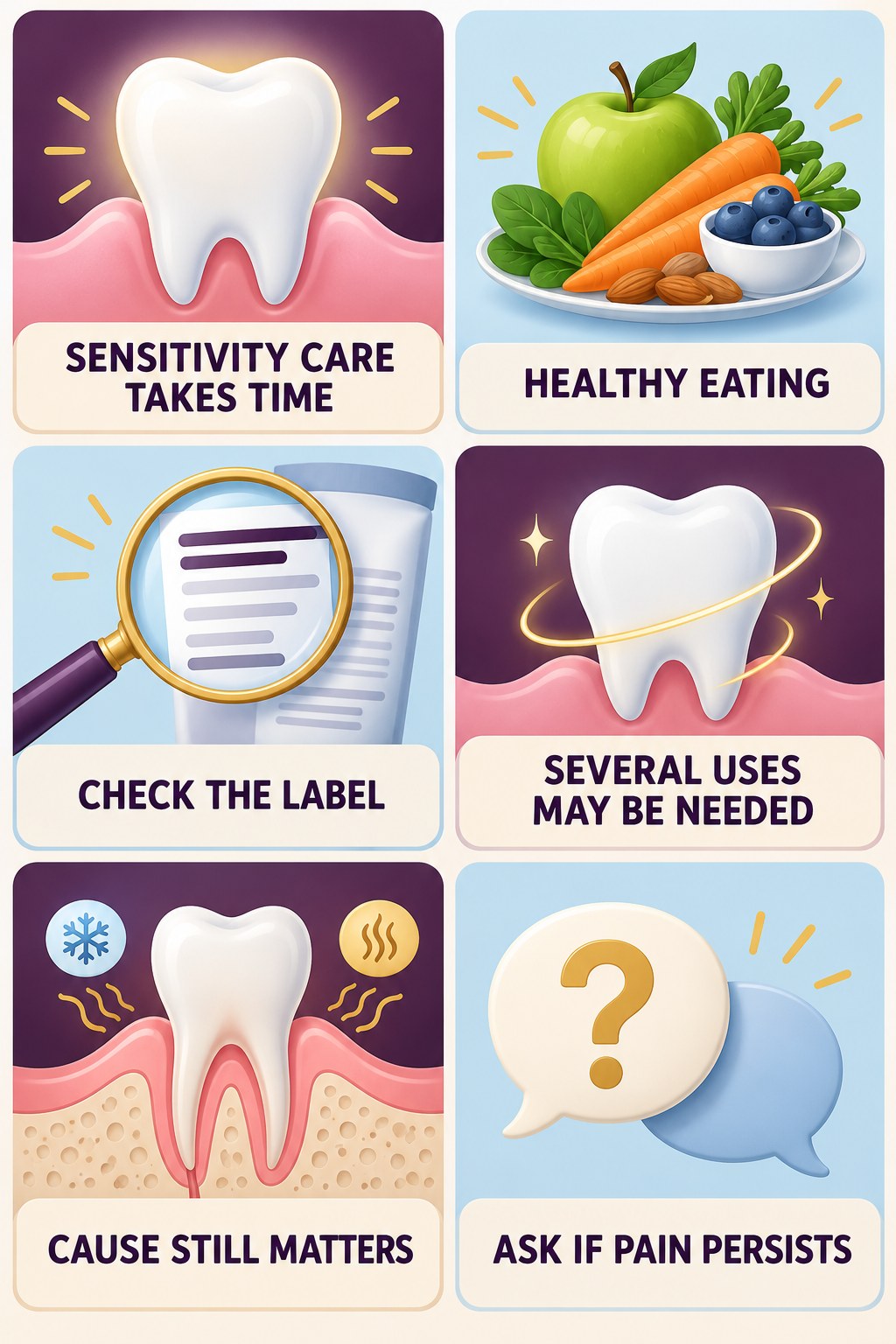 Desensitizing Toothpaste Expectations infographic for Healthy Eating with four concise whitening-sensitivity safety points.
