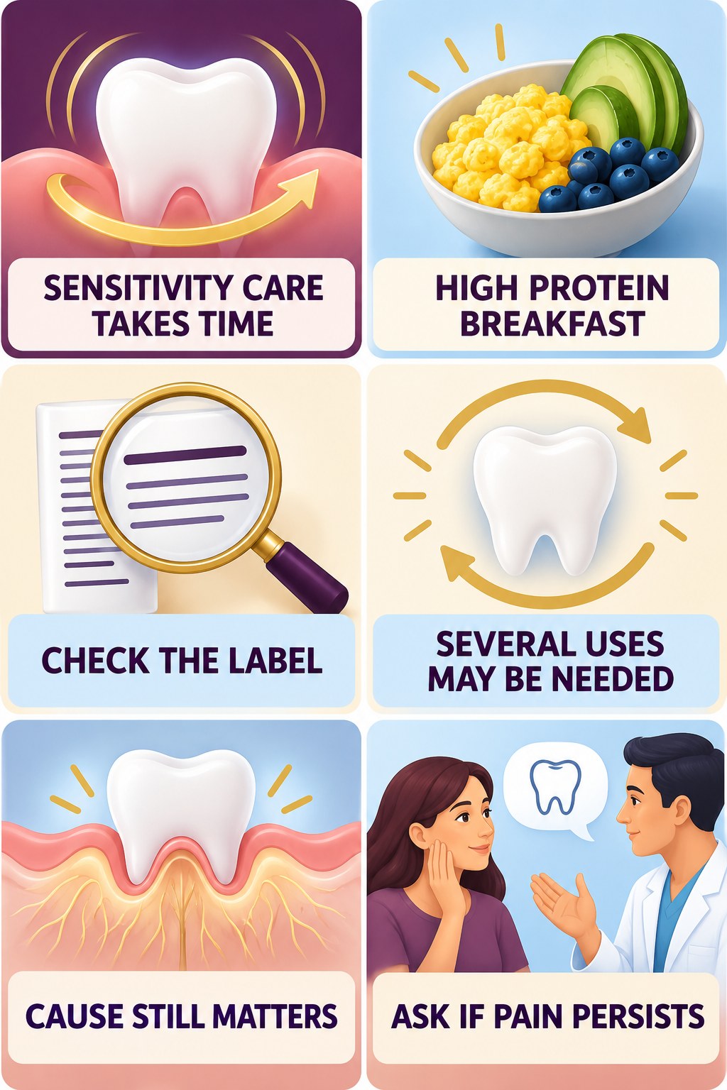 Desensitizing Toothpaste Expectations infographic for High Protein Breakfast with four concise whitening-sensitivity safety points.