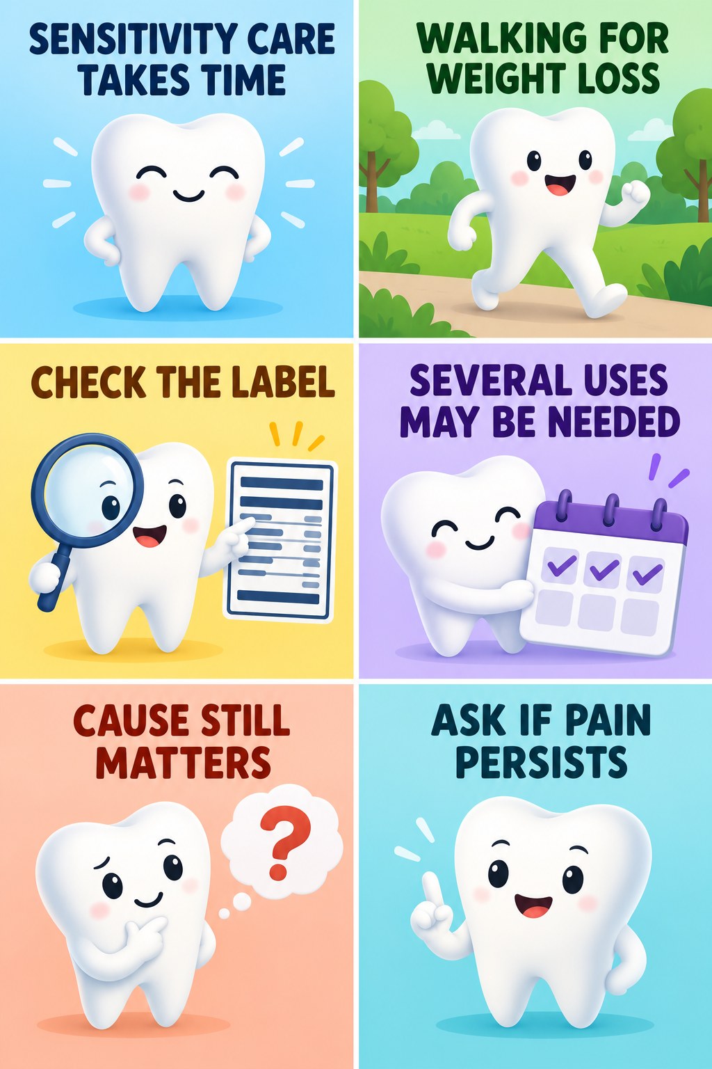 Desensitizing Toothpaste Expectations infographic for Walking for Weight Loss with four concise whitening-sensitivity safety points.