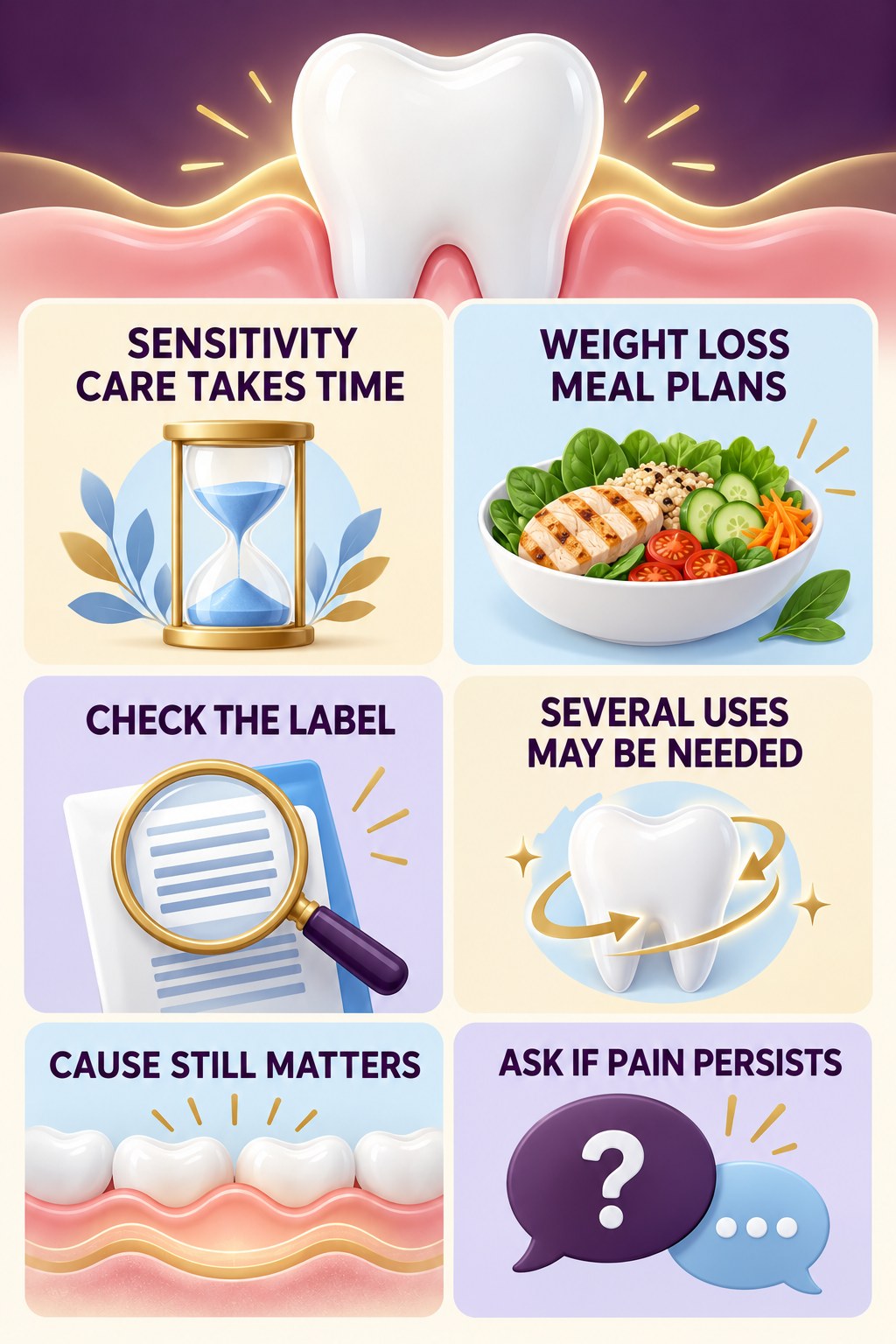 Desensitizing Toothpaste Expectations infographic for Weight Loss Meal Plans with four concise whitening-sensitivity safety points.