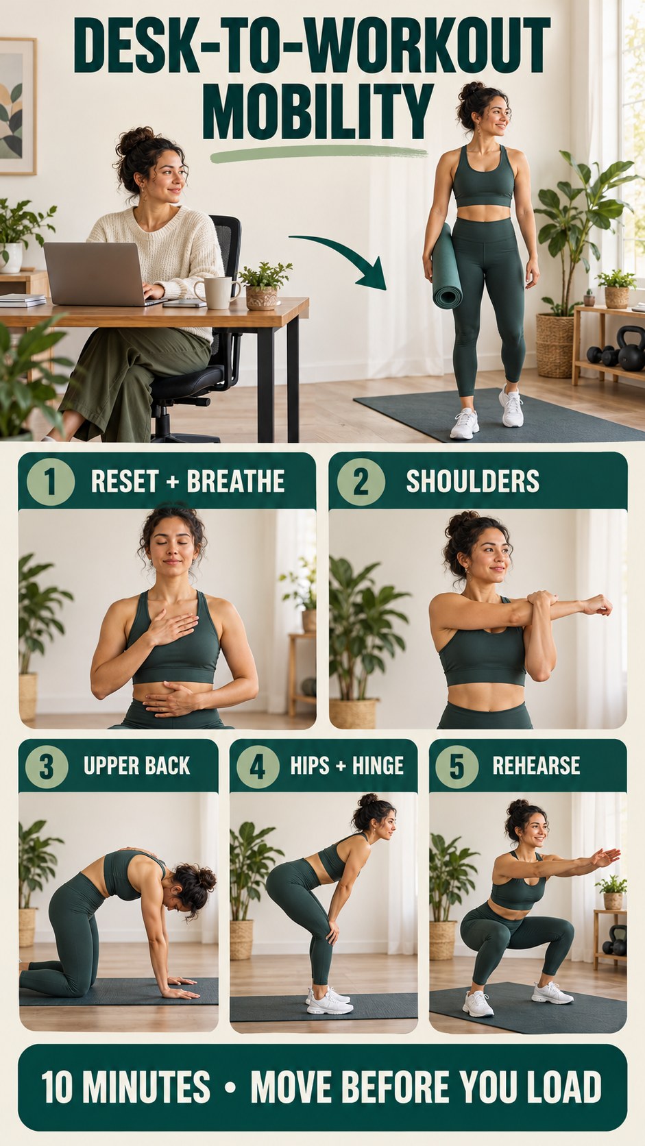 Portrait infographic showing a ten-minute mobility transition from desk work to a home workout