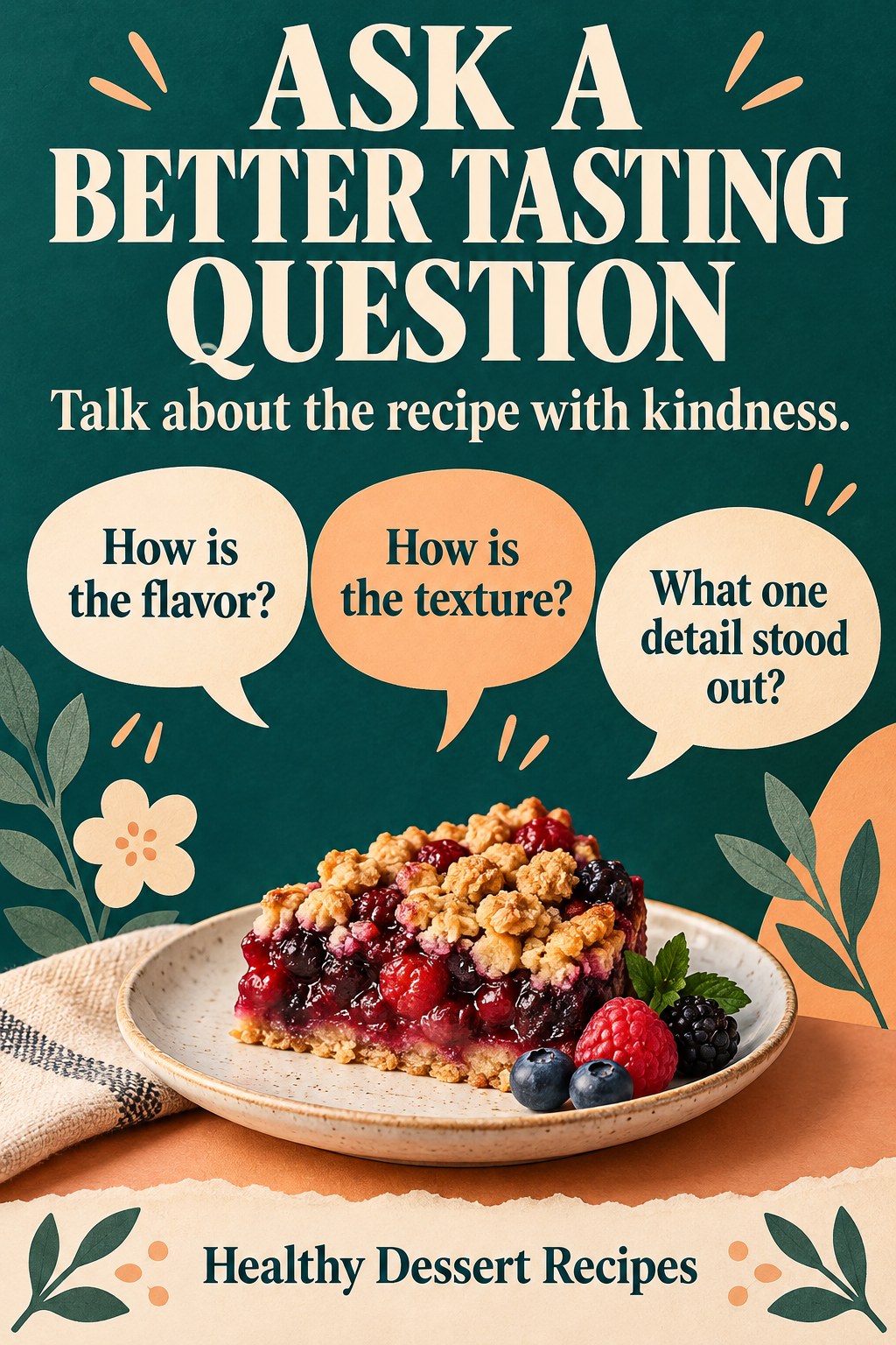 Berry dessert plate in a graphic collage with three speech cards asking about flavor, texture, and one useful detail