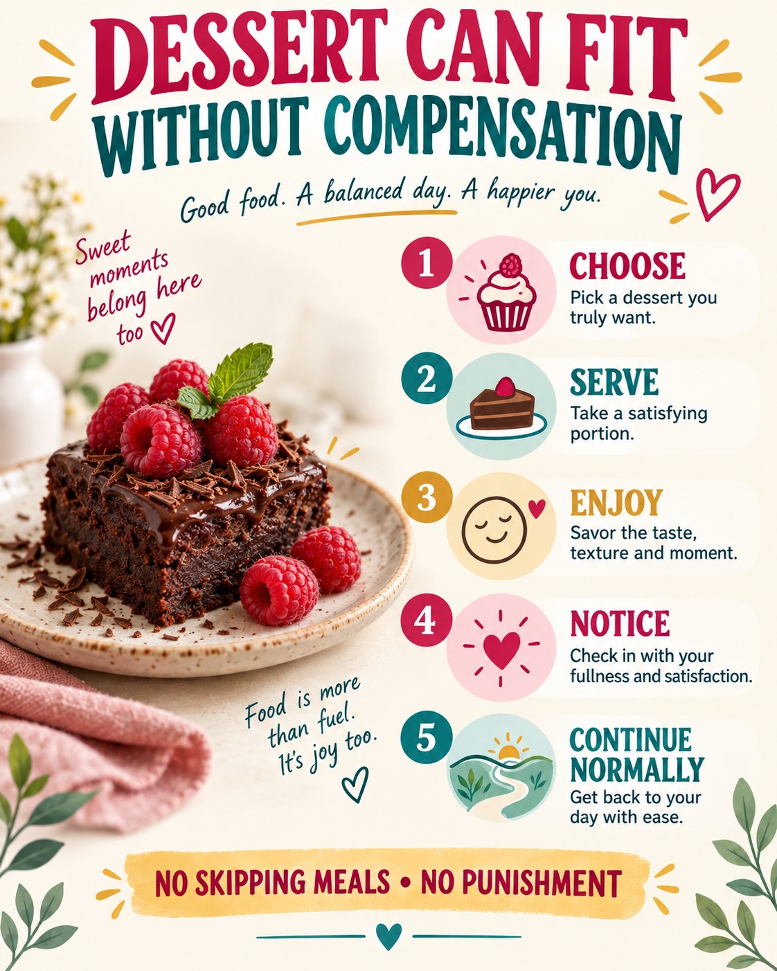Dessert infographic showing choose, serve, enjoy, notice and continue normally without skipping meals or punishment