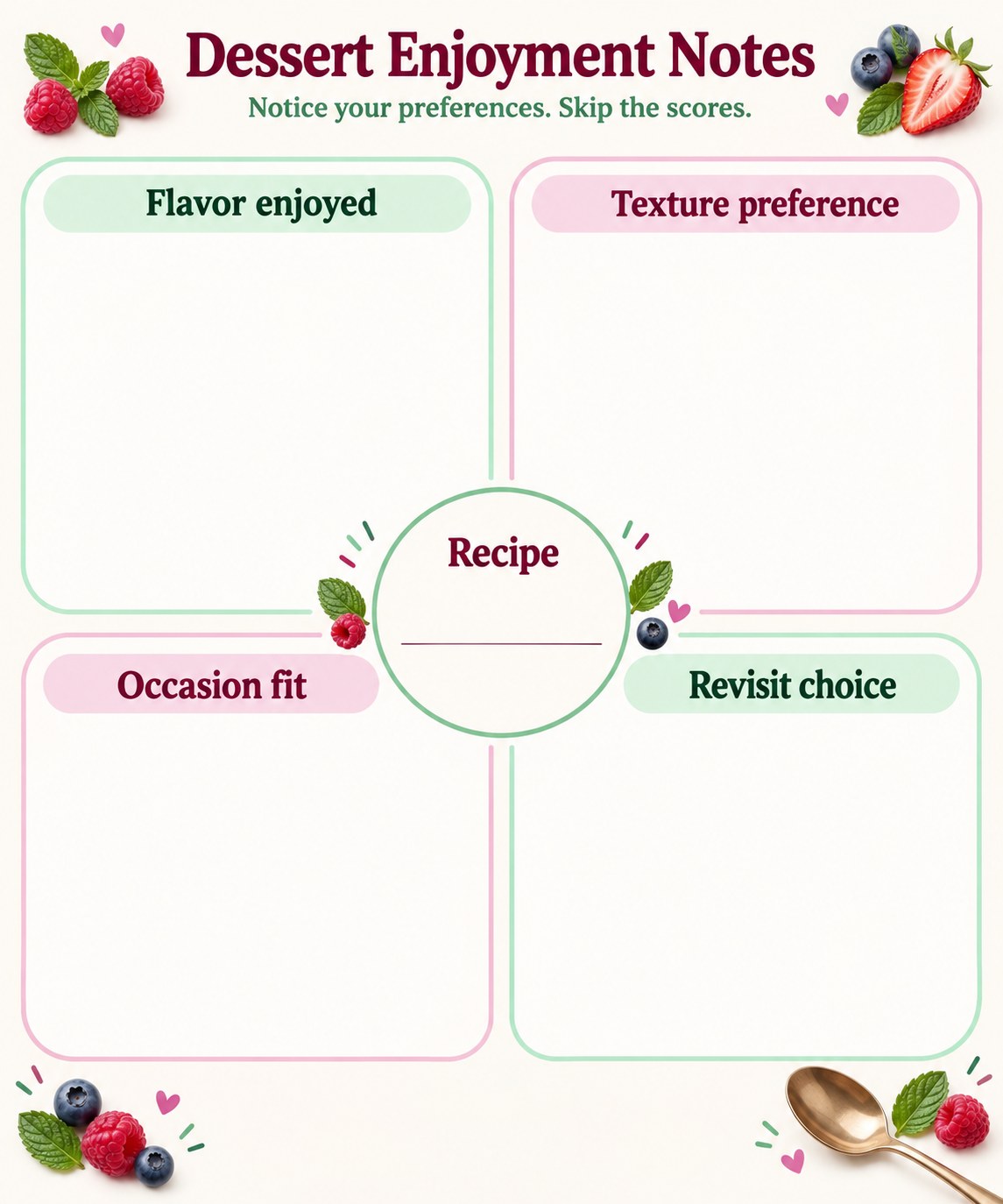 Blank dessert enjoyment notes arranged around a central recipe field with flavor, texture, occasion, and revisit panels.