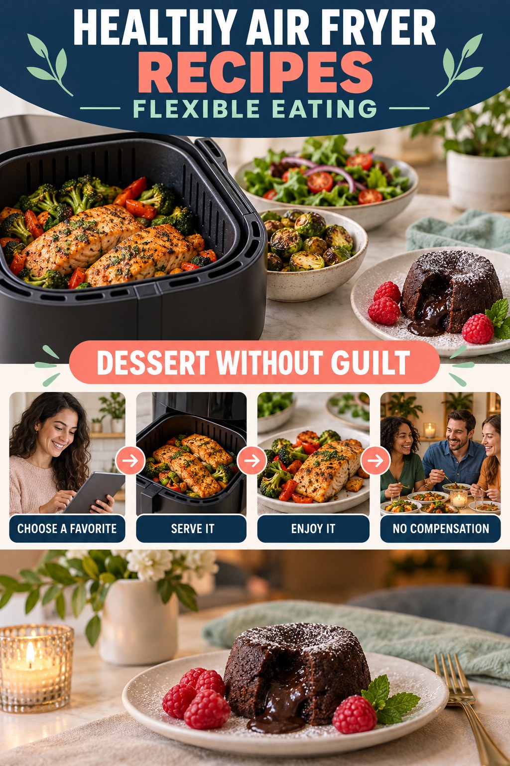 Healthy Air Fryer Recipes flexible eating graphic titled Dessert Without Guilt with four practical balance prompts.