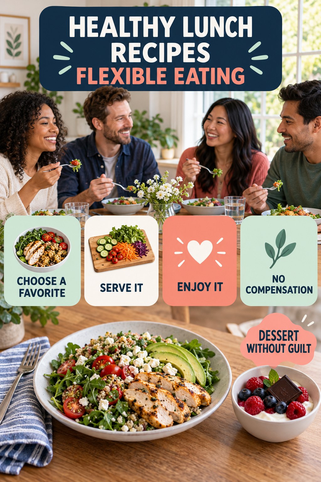 Healthy Lunch Recipes flexible eating graphic titled Dessert Without Guilt with four practical balance prompts.