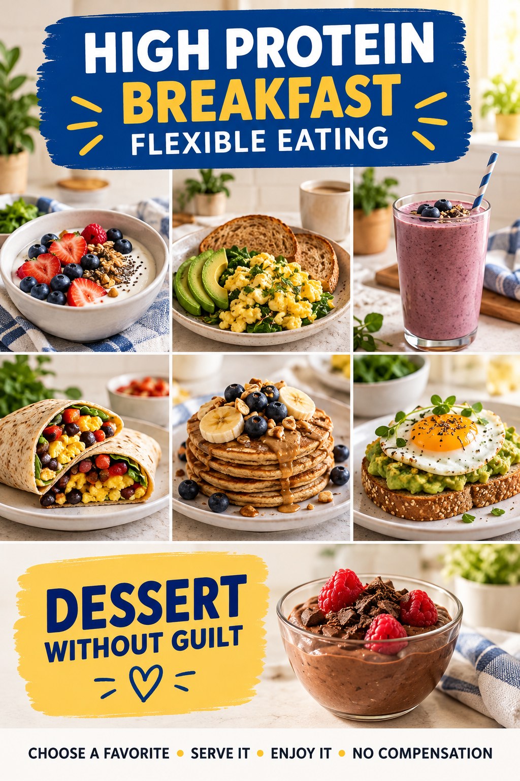 High Protein Breakfast flexible eating graphic titled Dessert Without Guilt with four practical balance prompts.
