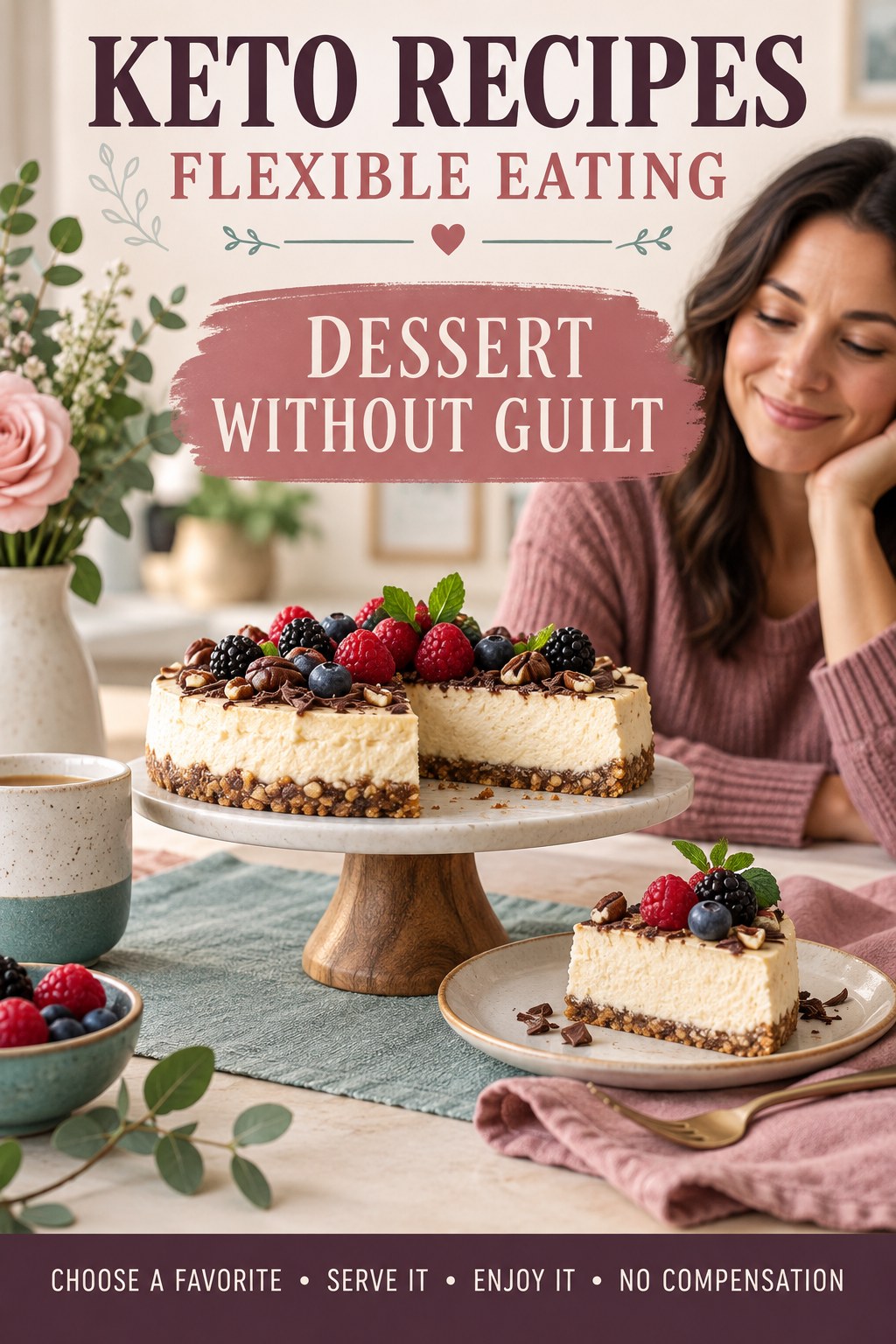 Keto Recipes flexible eating graphic titled Dessert Without Guilt with four practical balance prompts.
