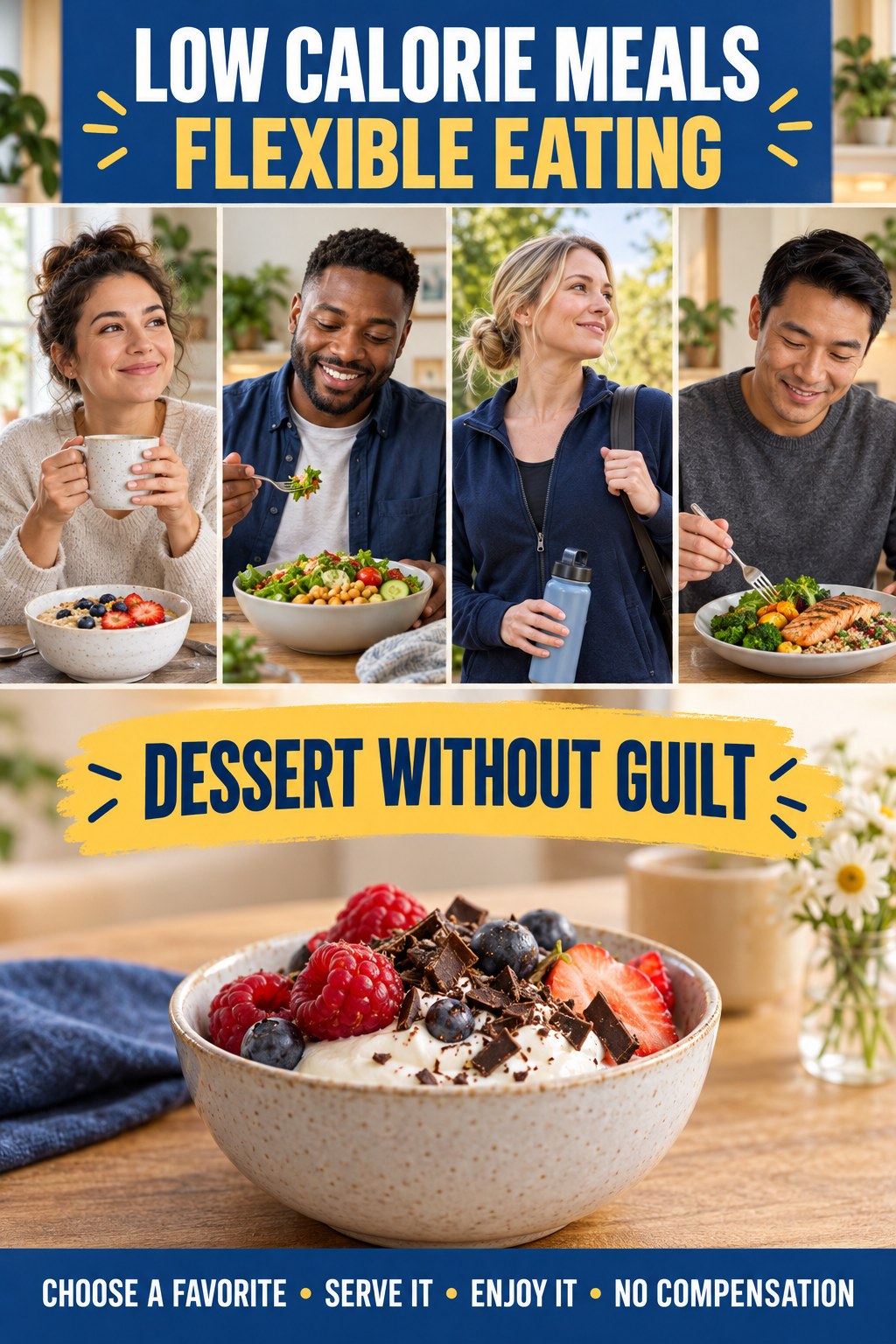 Low Calorie Meals flexible eating graphic titled Dessert Without Guilt with four practical balance prompts.
