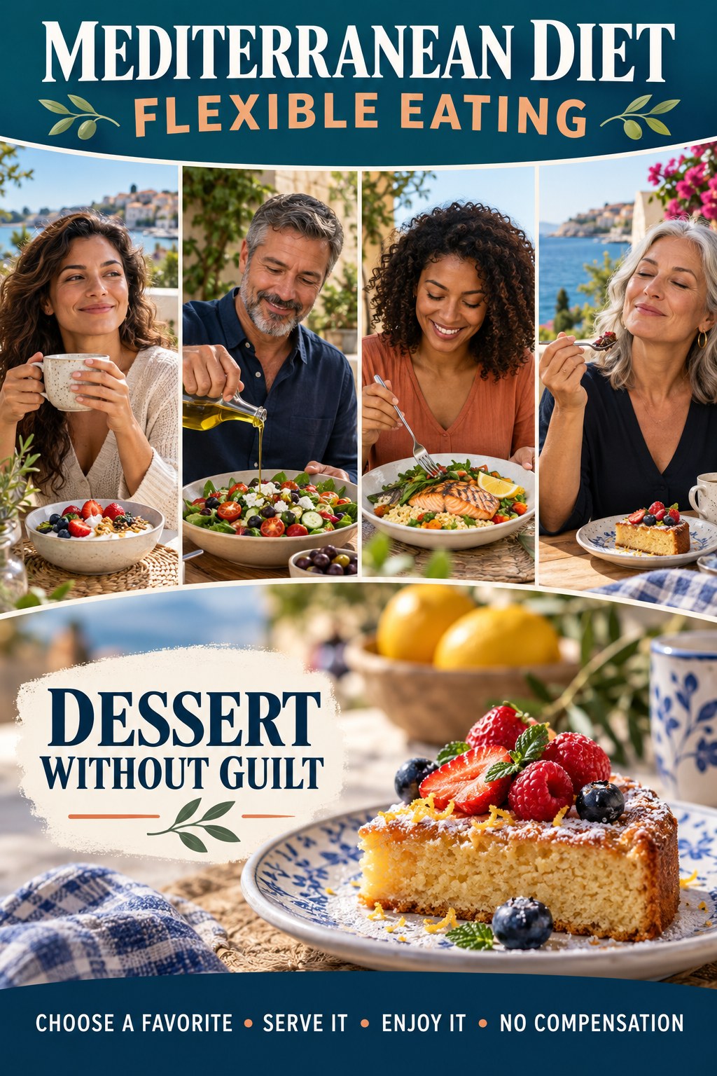 Mediterranean Diet flexible eating graphic titled Dessert Without Guilt with four practical balance prompts.