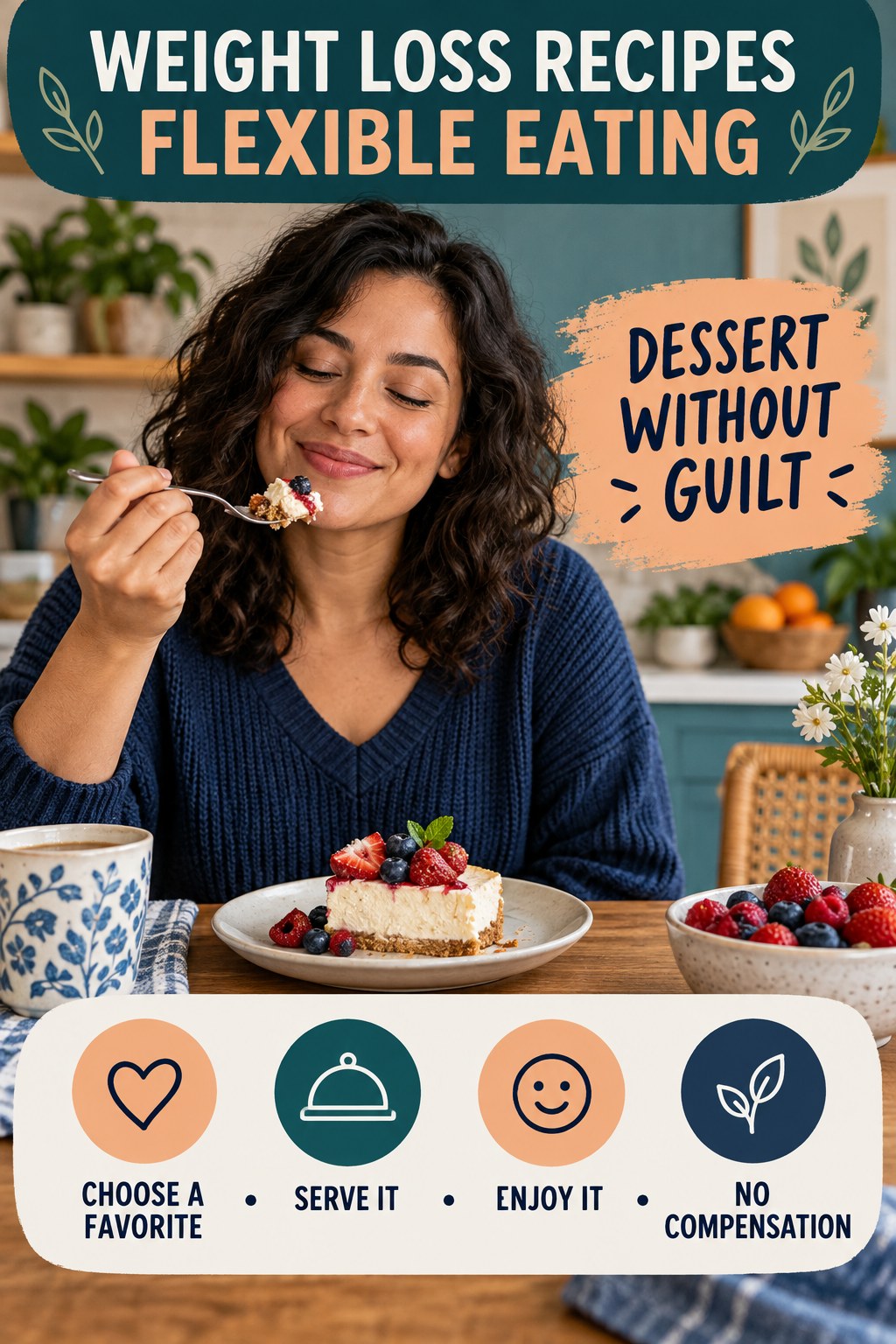 Weight Loss Recipes flexible eating graphic titled Dessert Without Guilt with four practical balance prompts.