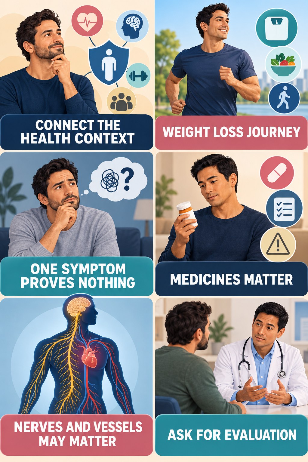Diabetes and Sexual Function Need Individual Assessment infographic for Weight Loss Journey with four concise, non-shaming sexual-health education points.