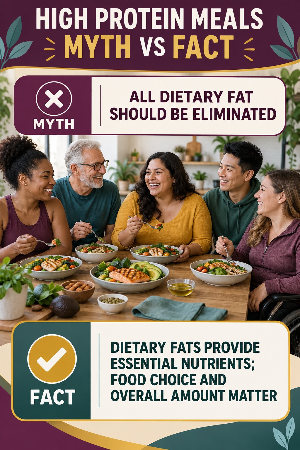 High Protein Meals Myth vs Fact graphic correcting the misconception about dietary fat.